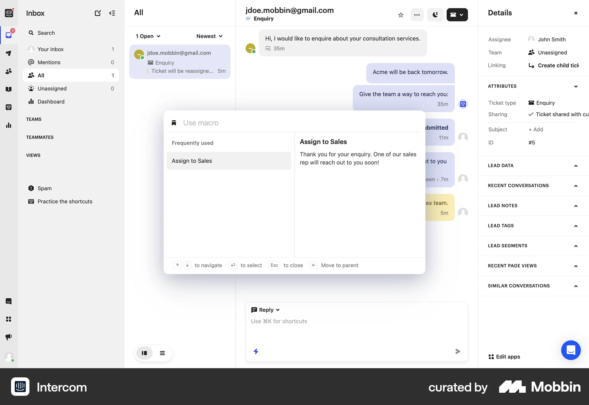 Intercom Web Command Palette screen
