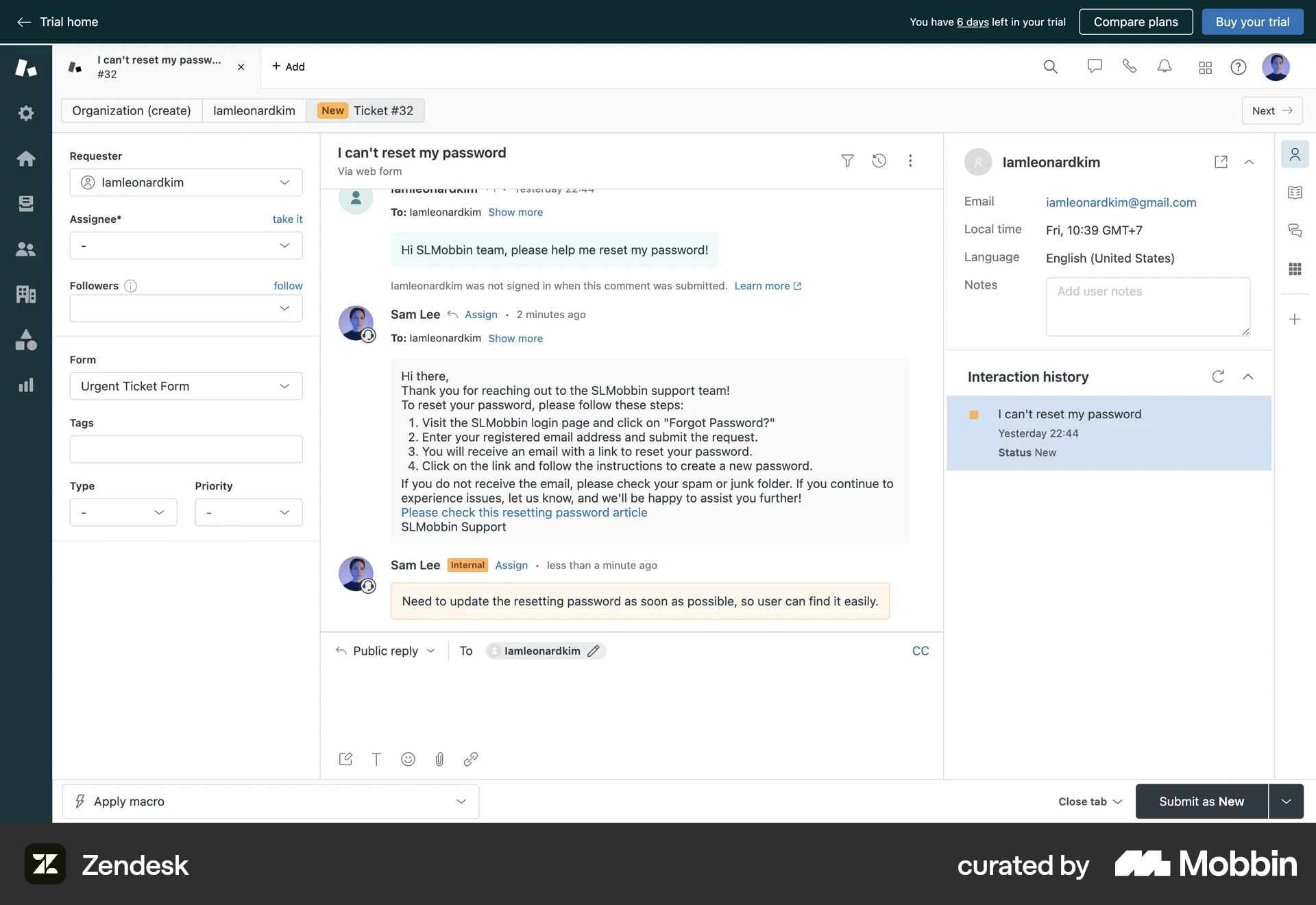 Zendesk Web User / Group Profile screen