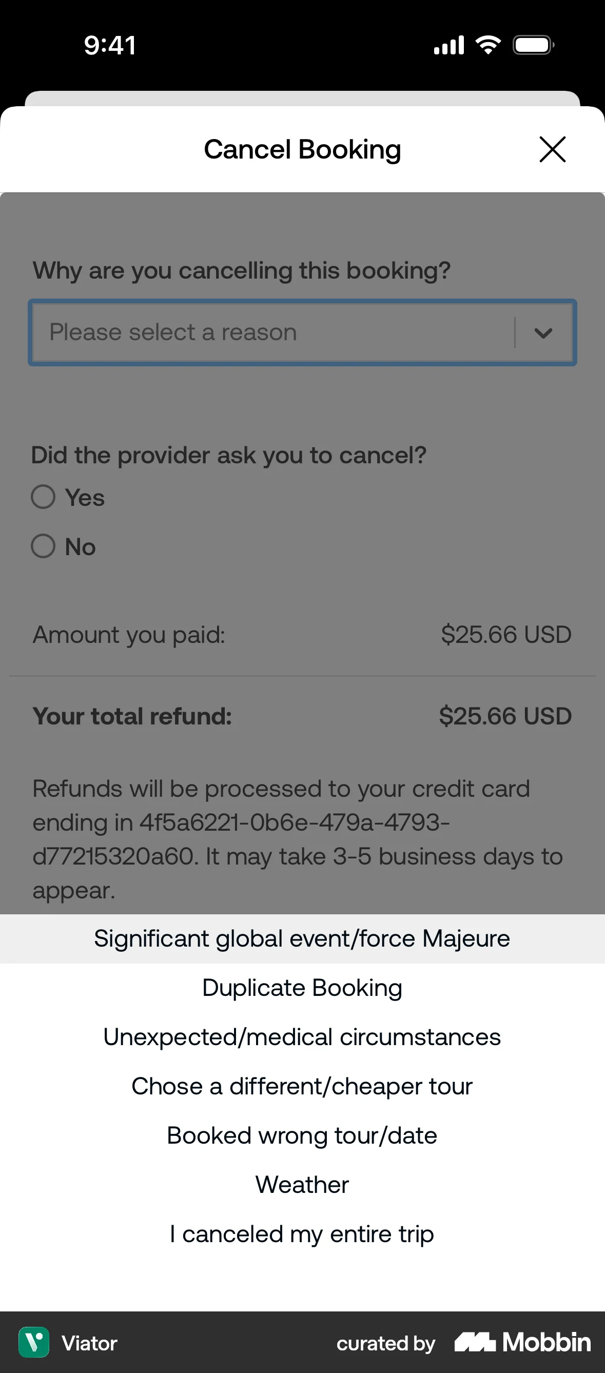 Viator iOS Feedback screen