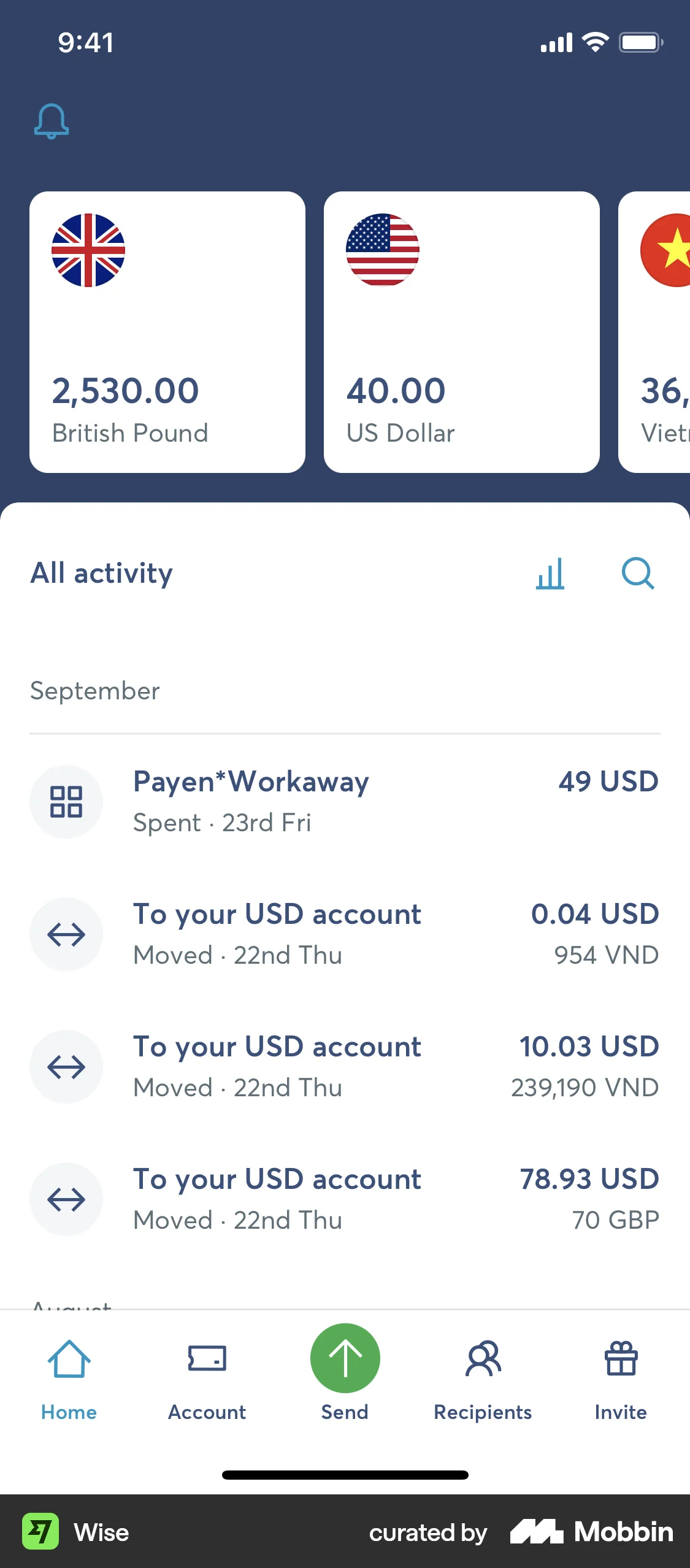 Wise iOS Wallet & Balance screen