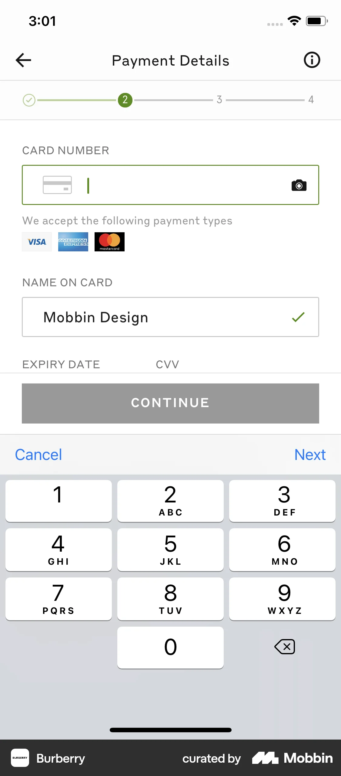 Burberry iOS Payment Method screen