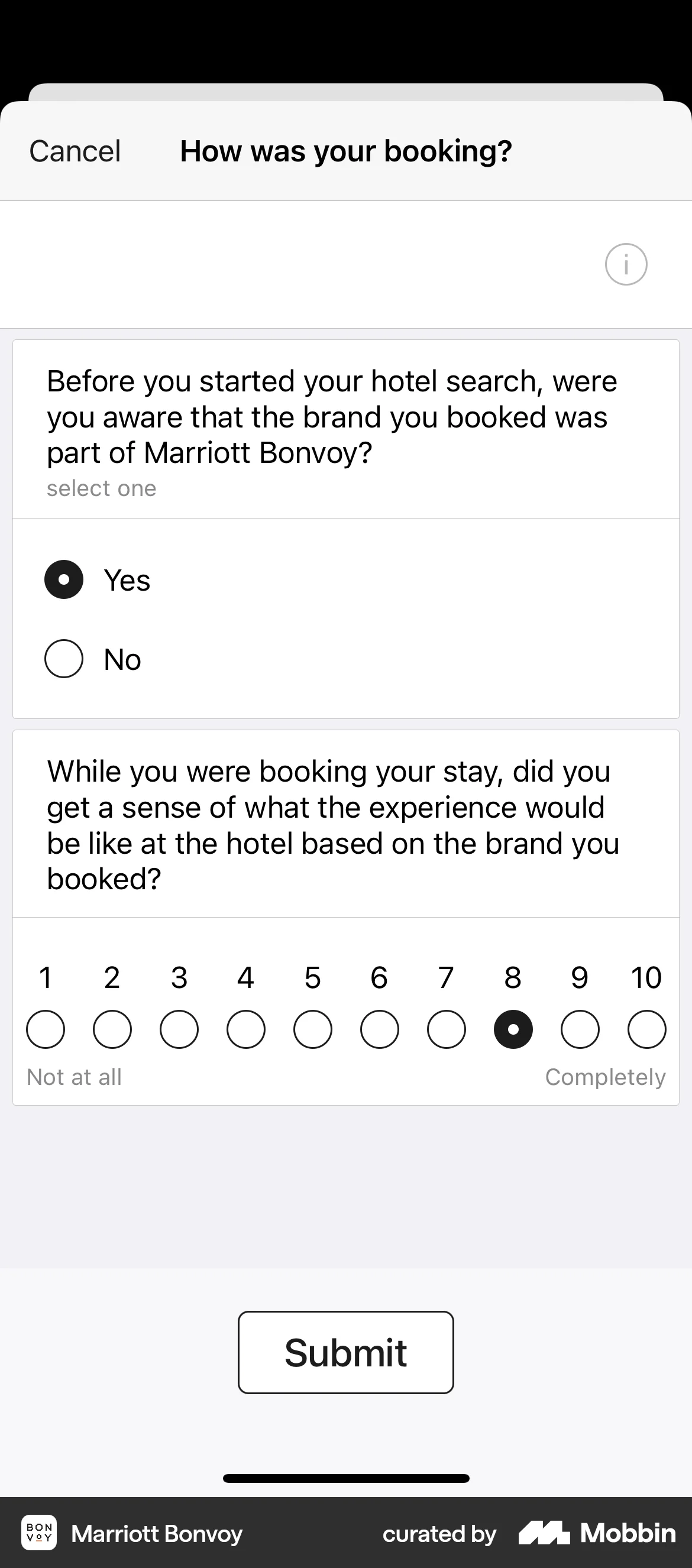 Marriott Bonvoy iOS Feedback screen