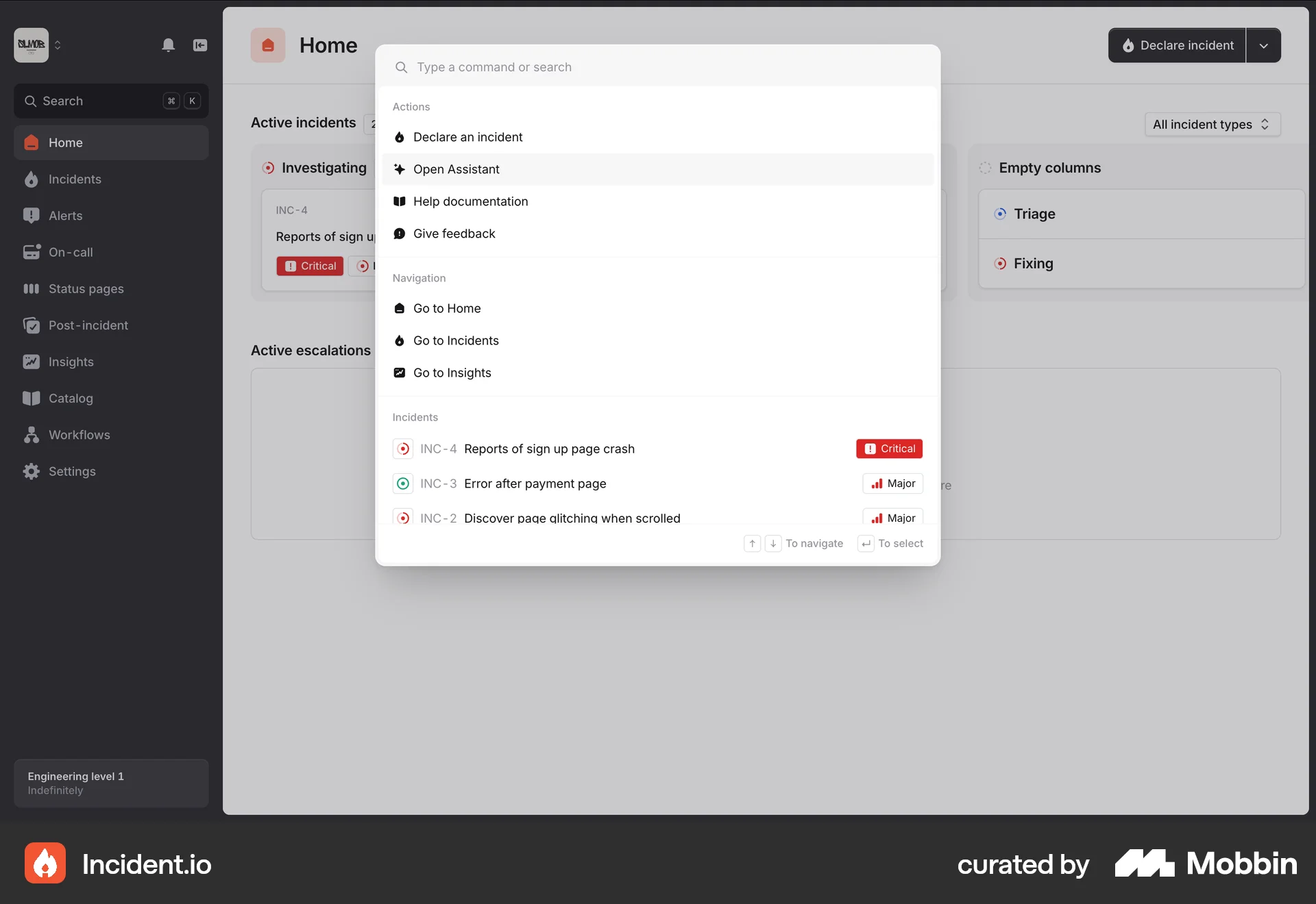 incident.io Web Command Palette screen