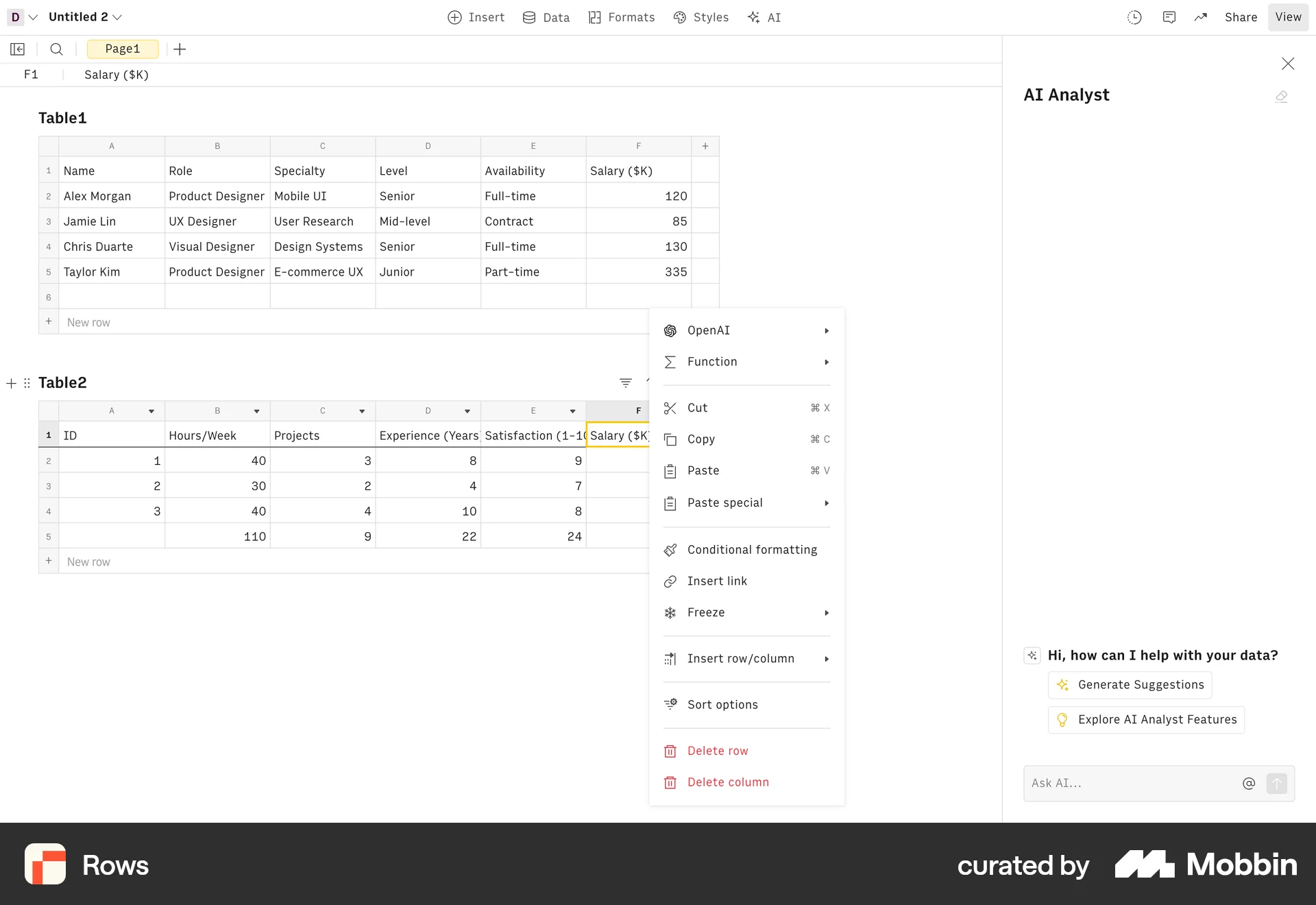 Rows Web screen containing Context Menu UI element
