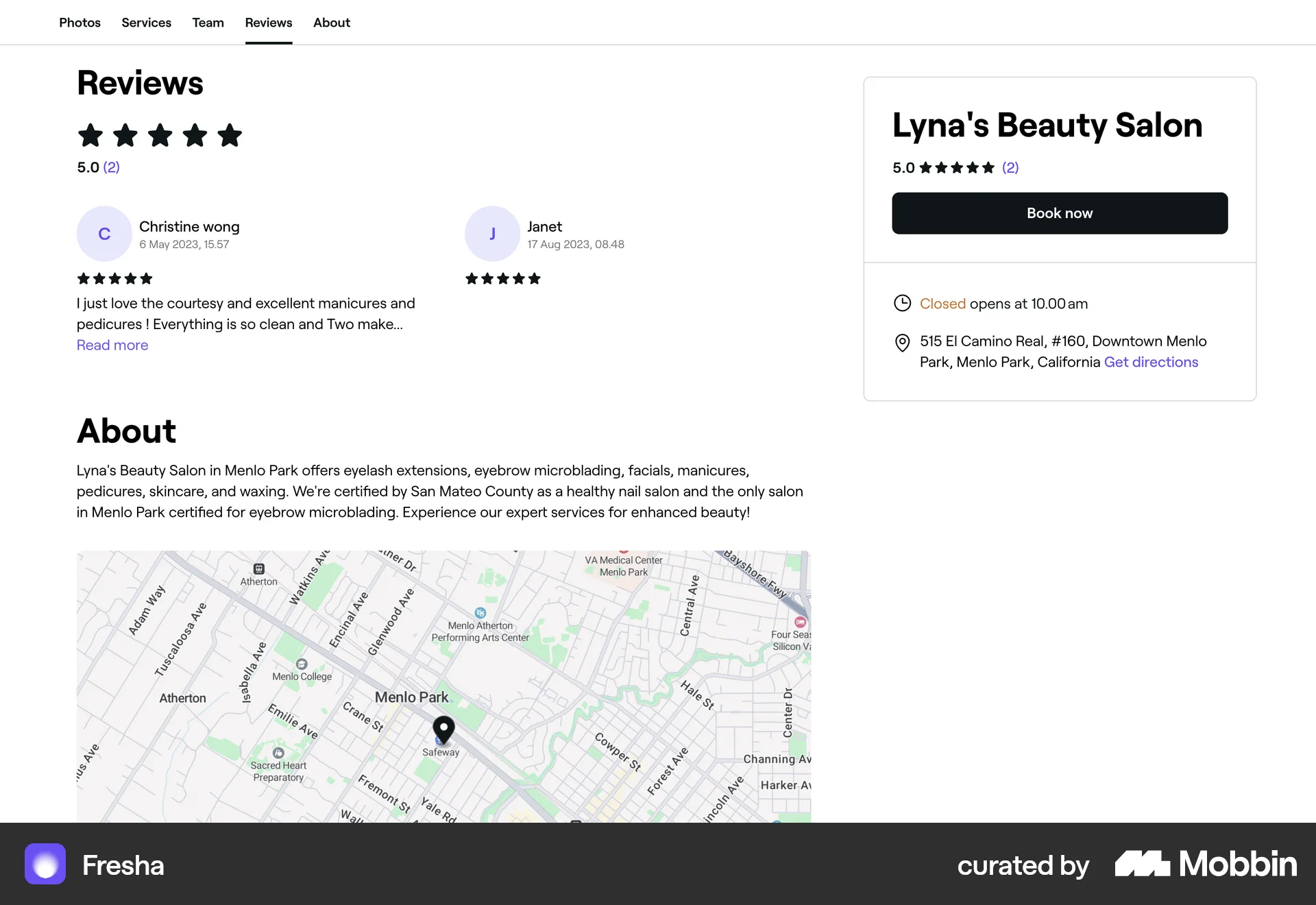 Fresha Web Reviews & Ratings screen