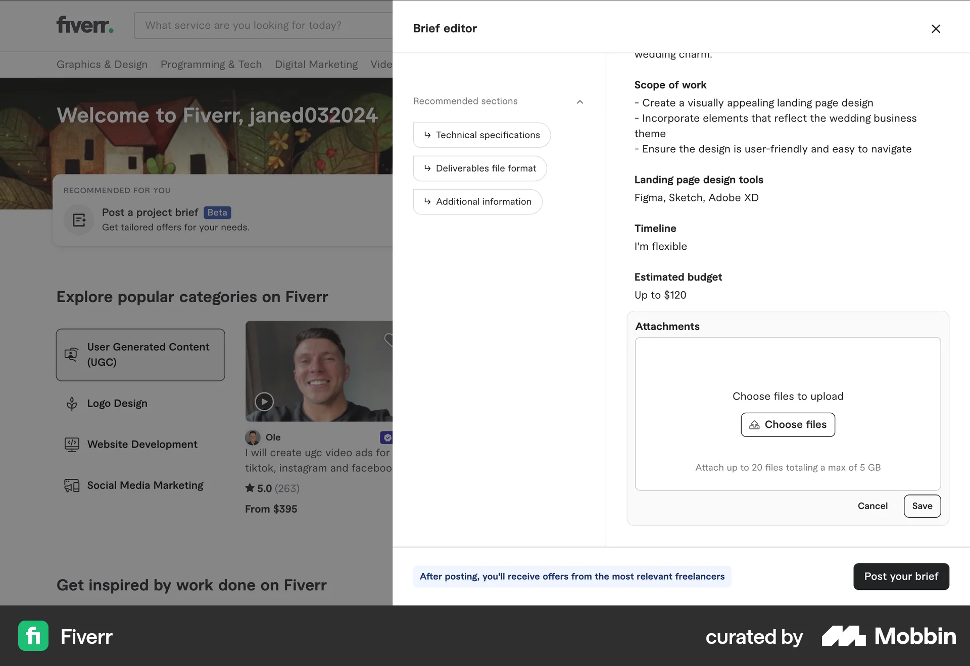Fiverr Web screen containing File Upload UI element