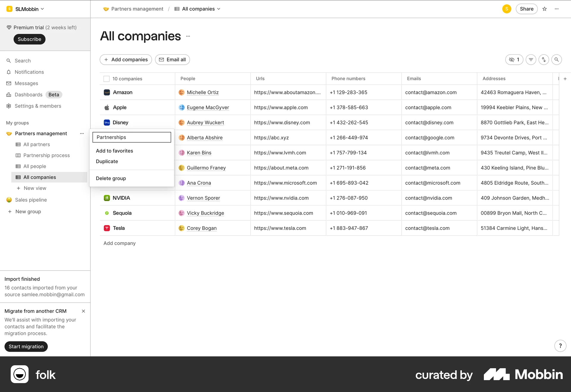 folk Web Action Option screen
