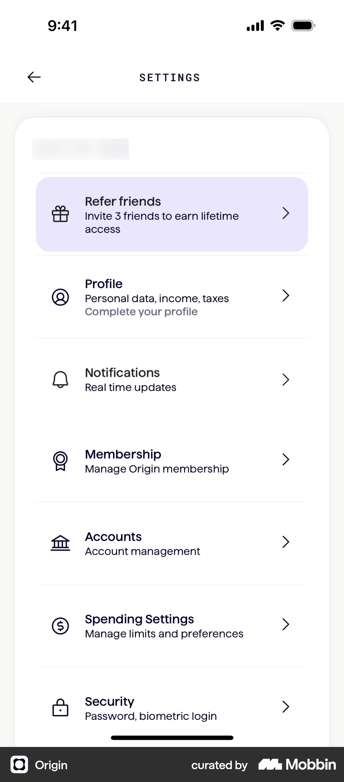 Origin iOS Settings & Preferences screen