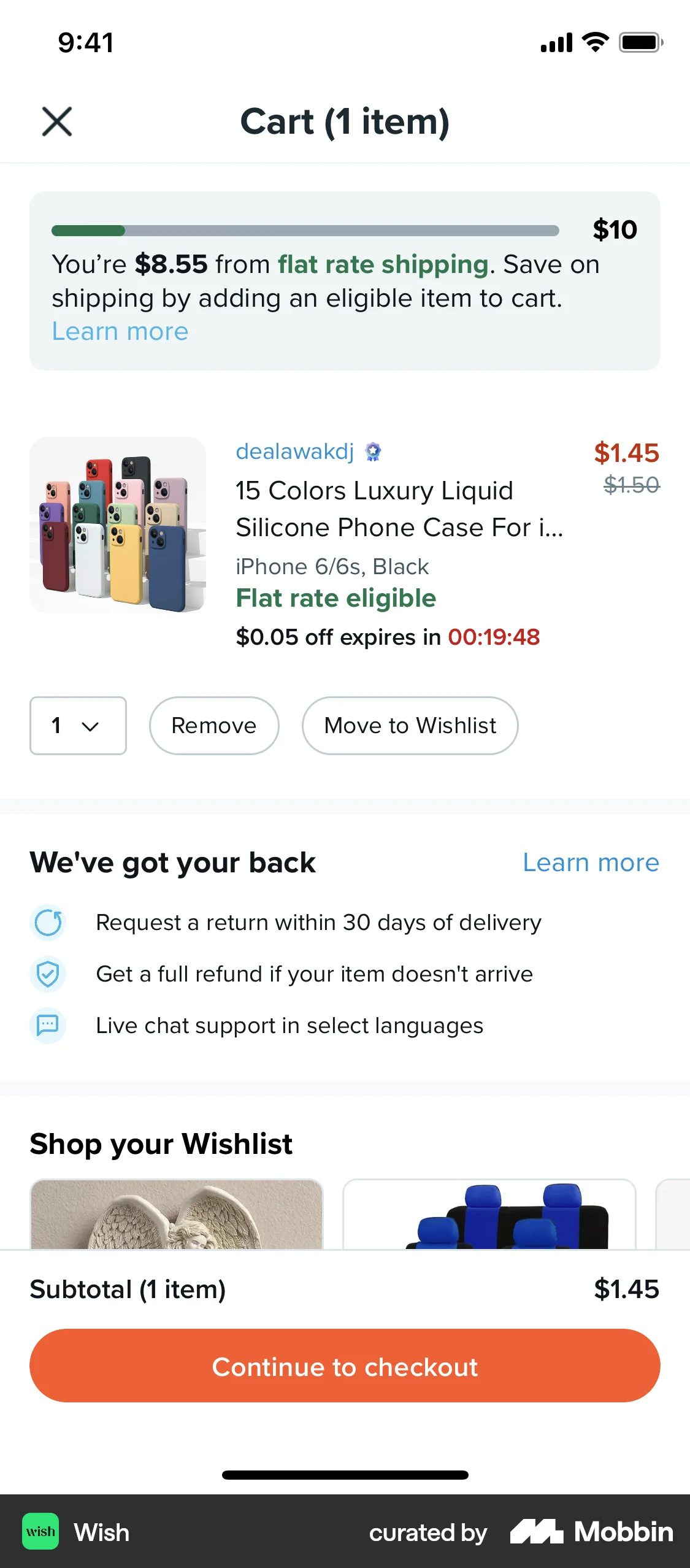 Wish iOS Mobile Shopping Cart screen