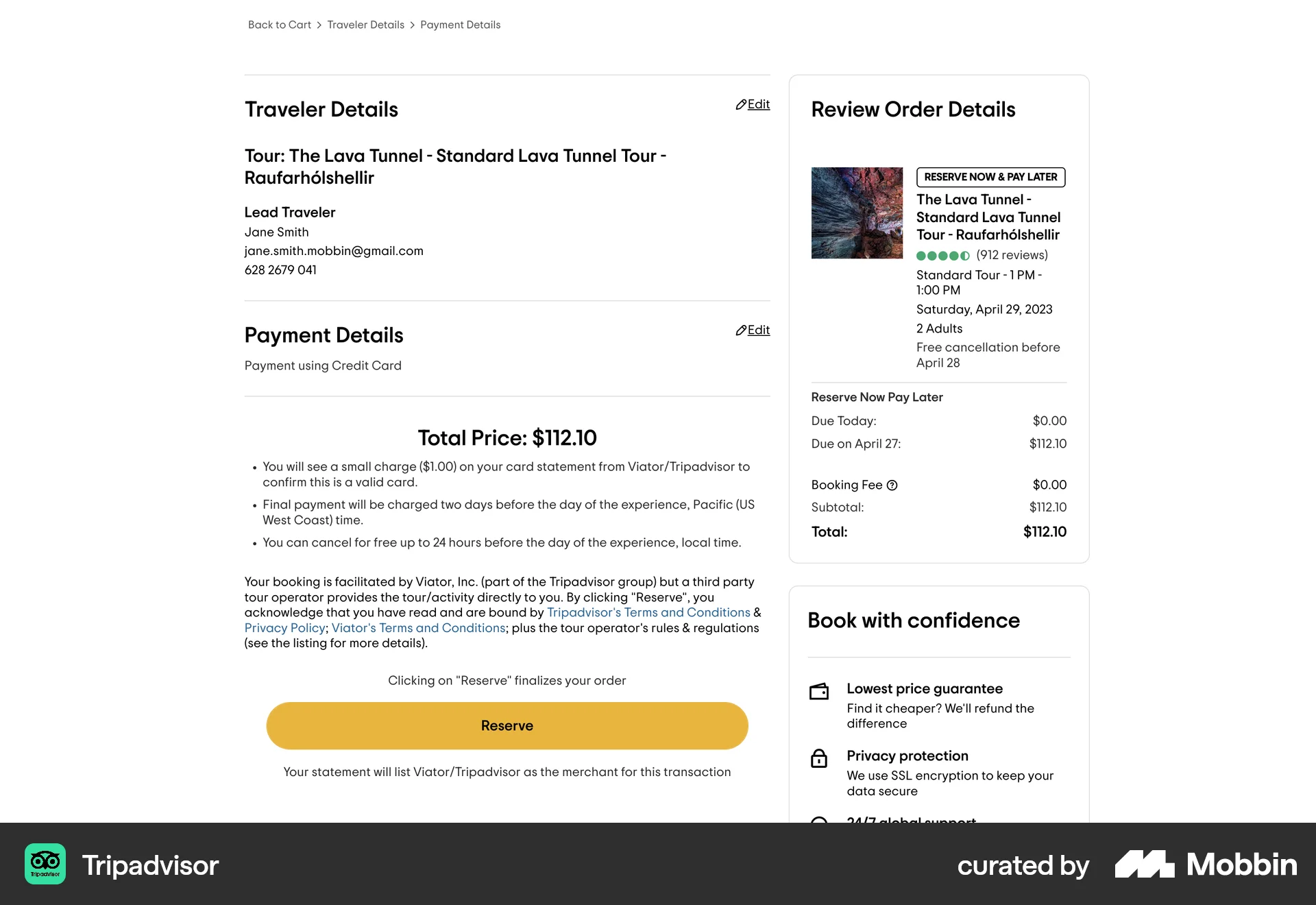 Tripadvisor Web Checkout screen