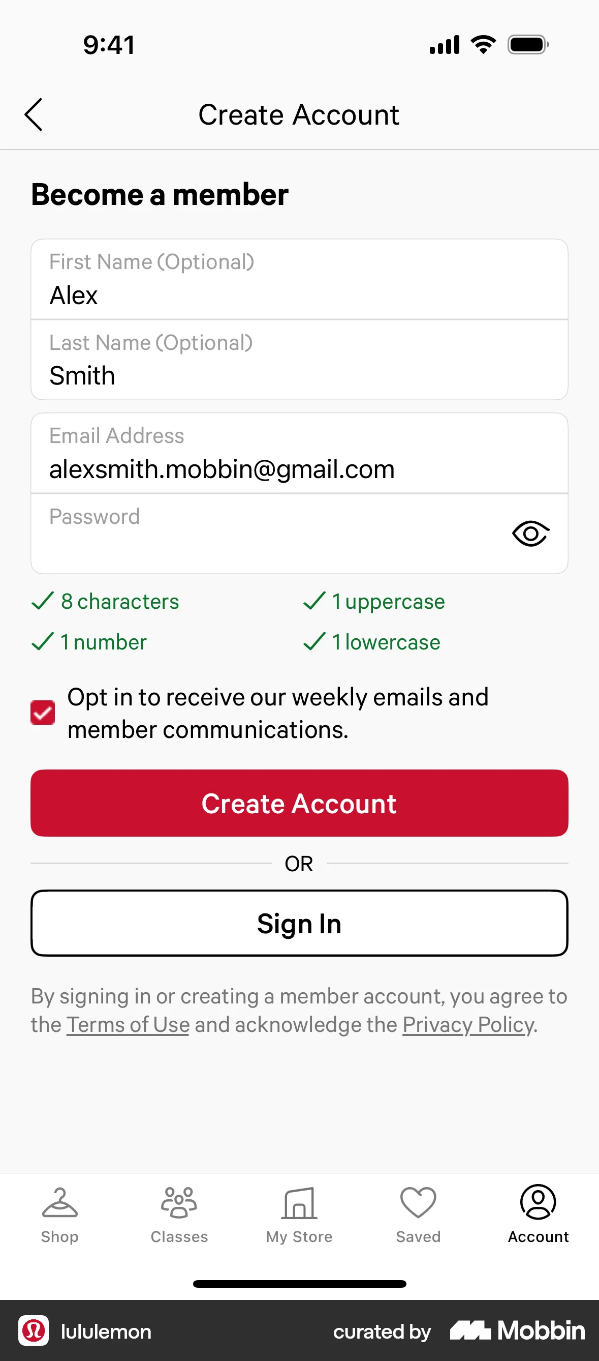 lululemon iOS Signup screen