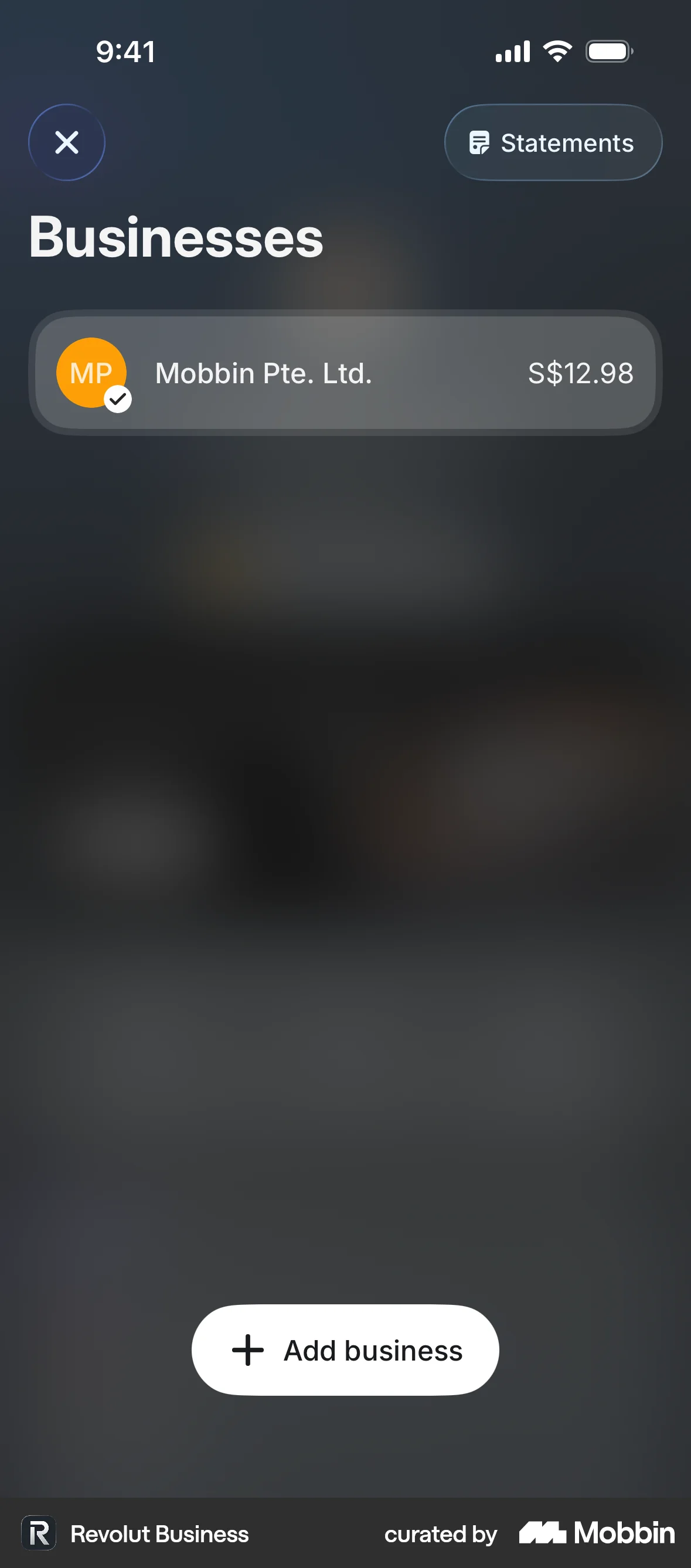 Revolut Business iOS Glassmorphism screen