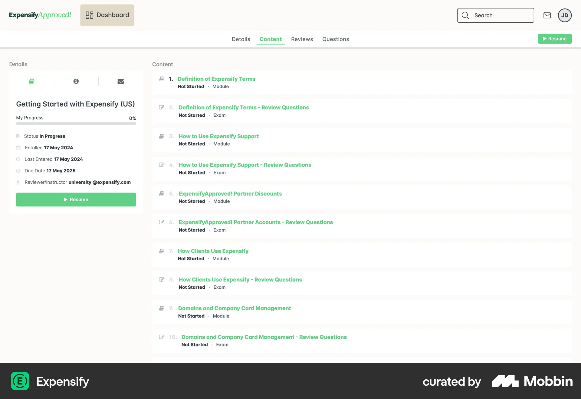 Expensify Web Class & Lesson Detail screen