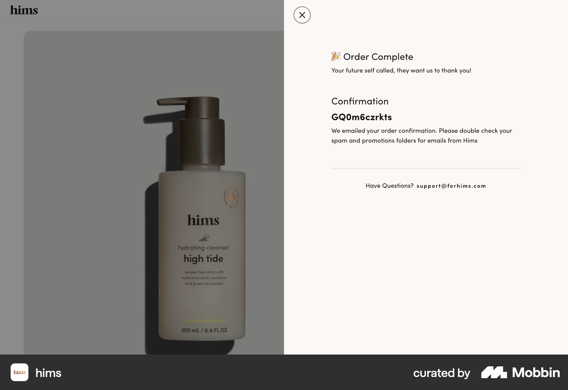 Hims Web Order Confirmation screen