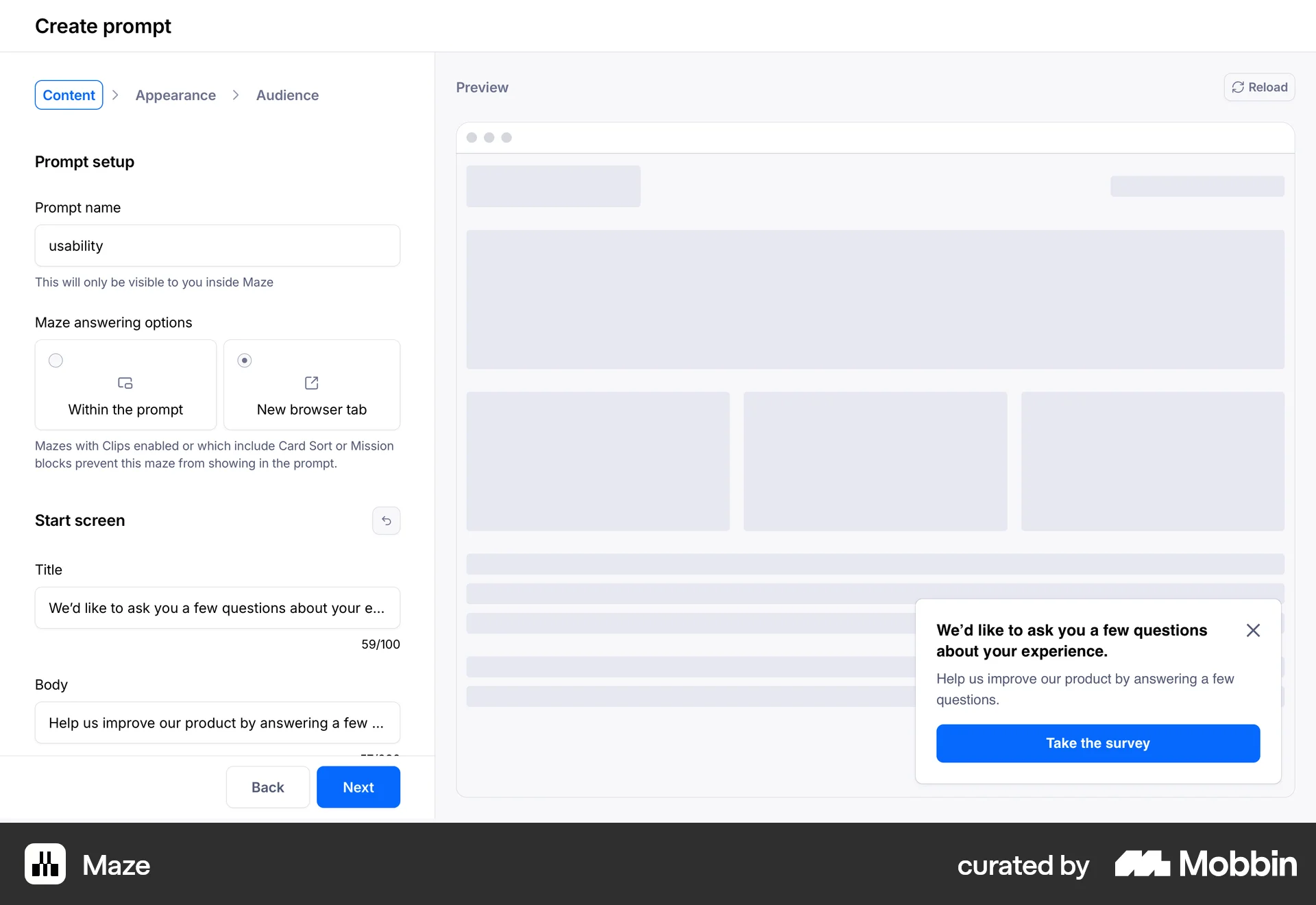 Maze Web Wizard UI screen