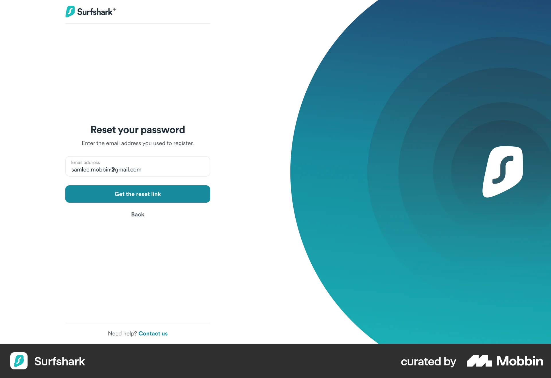 Surfshark Web Forgot Password screen