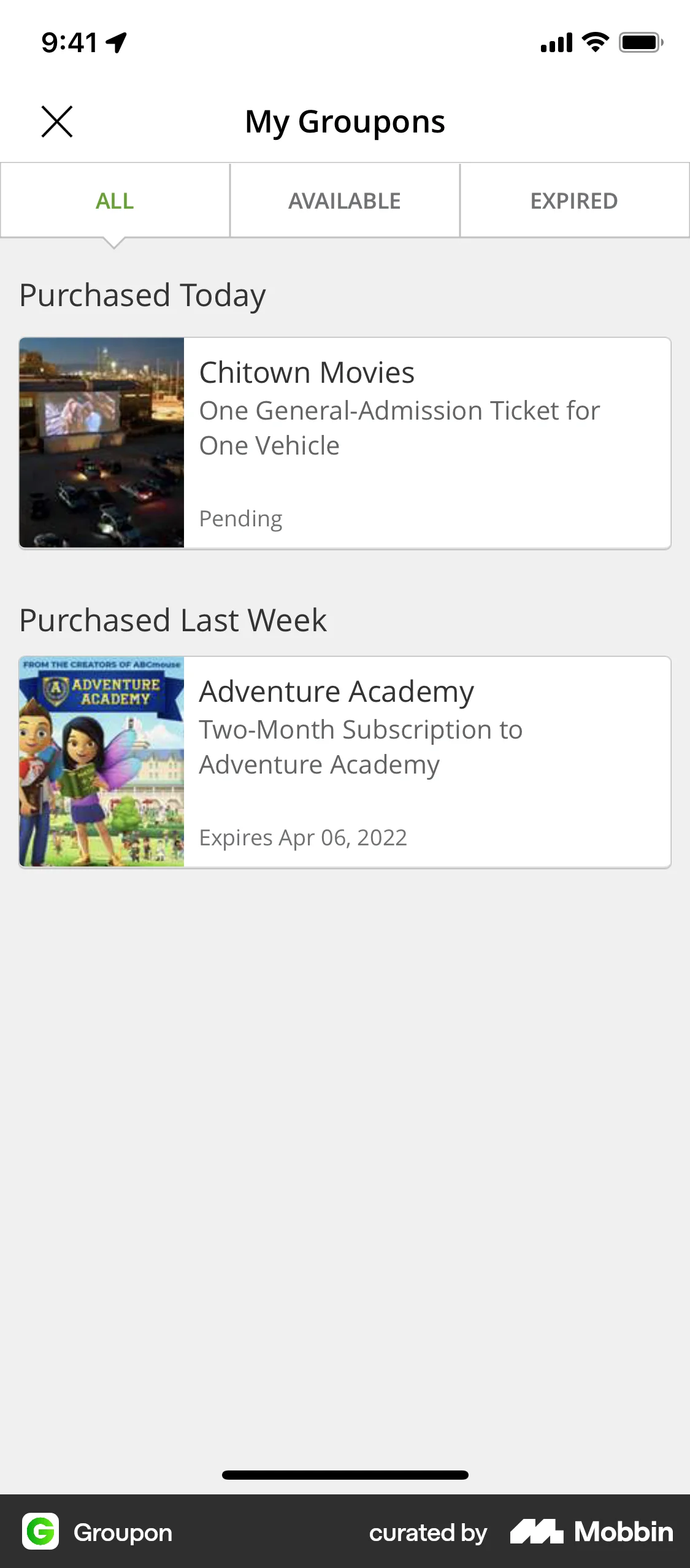 Groupon iOS Order History screen