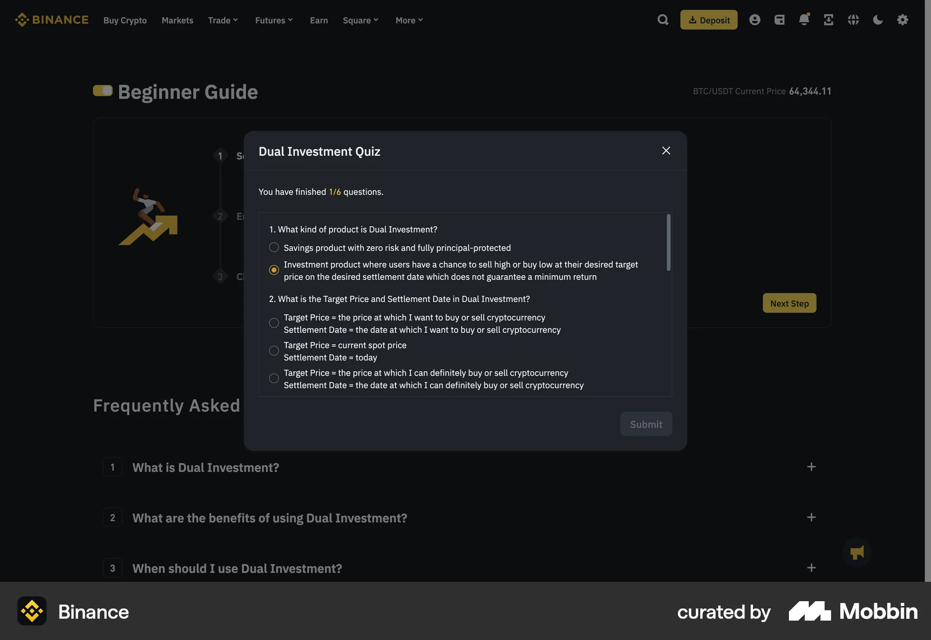 Binance Web Quiz screen