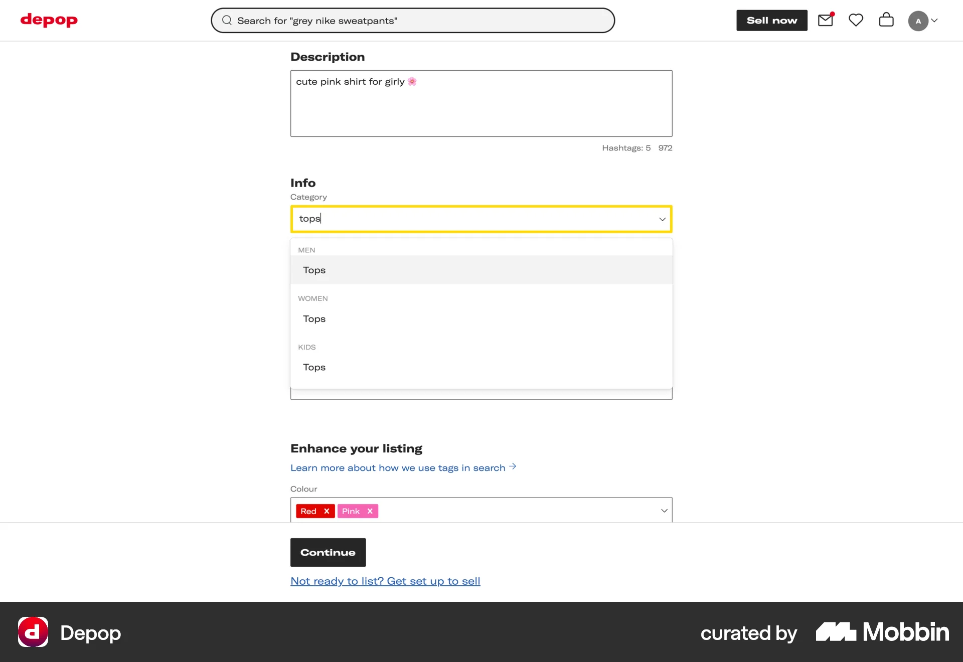Depop Web screen containing Combobox UI element