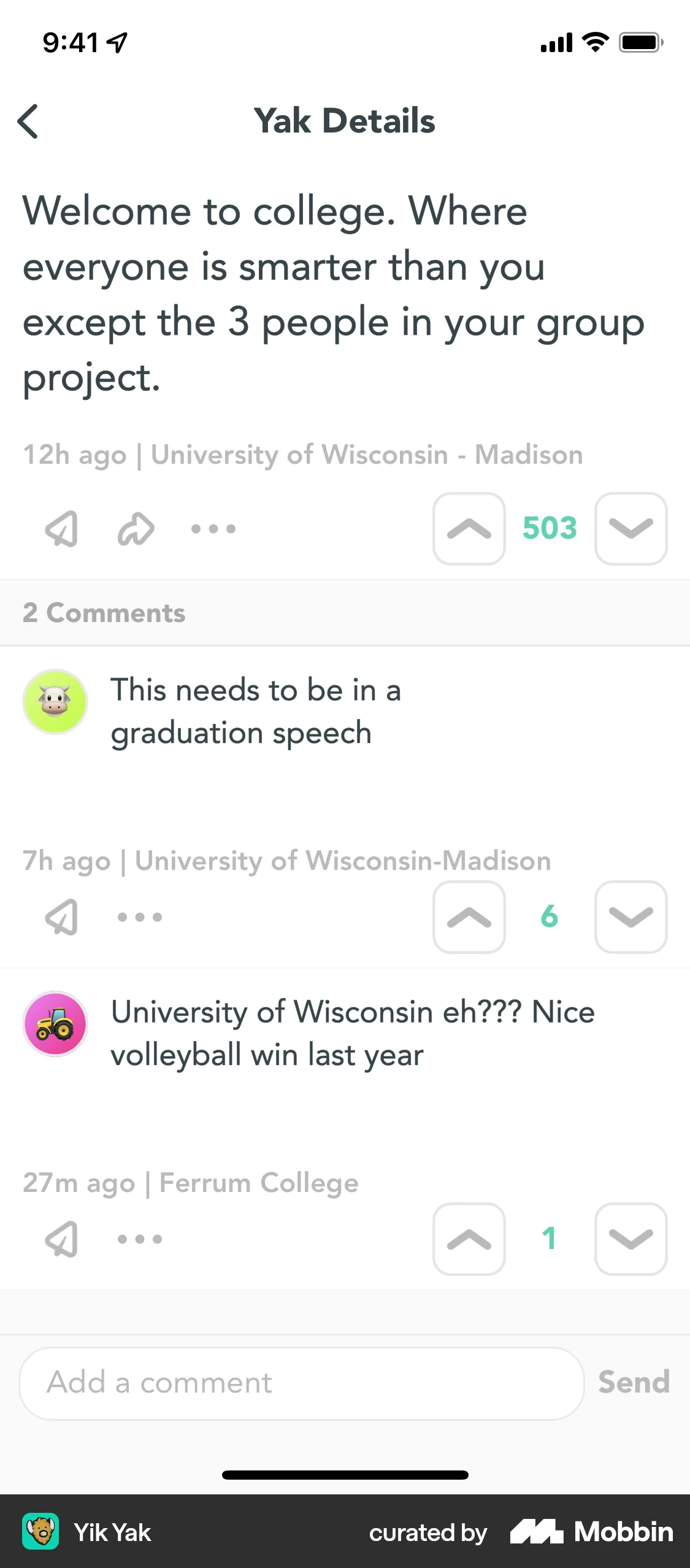 Yik Yak iOS Post Detail screen