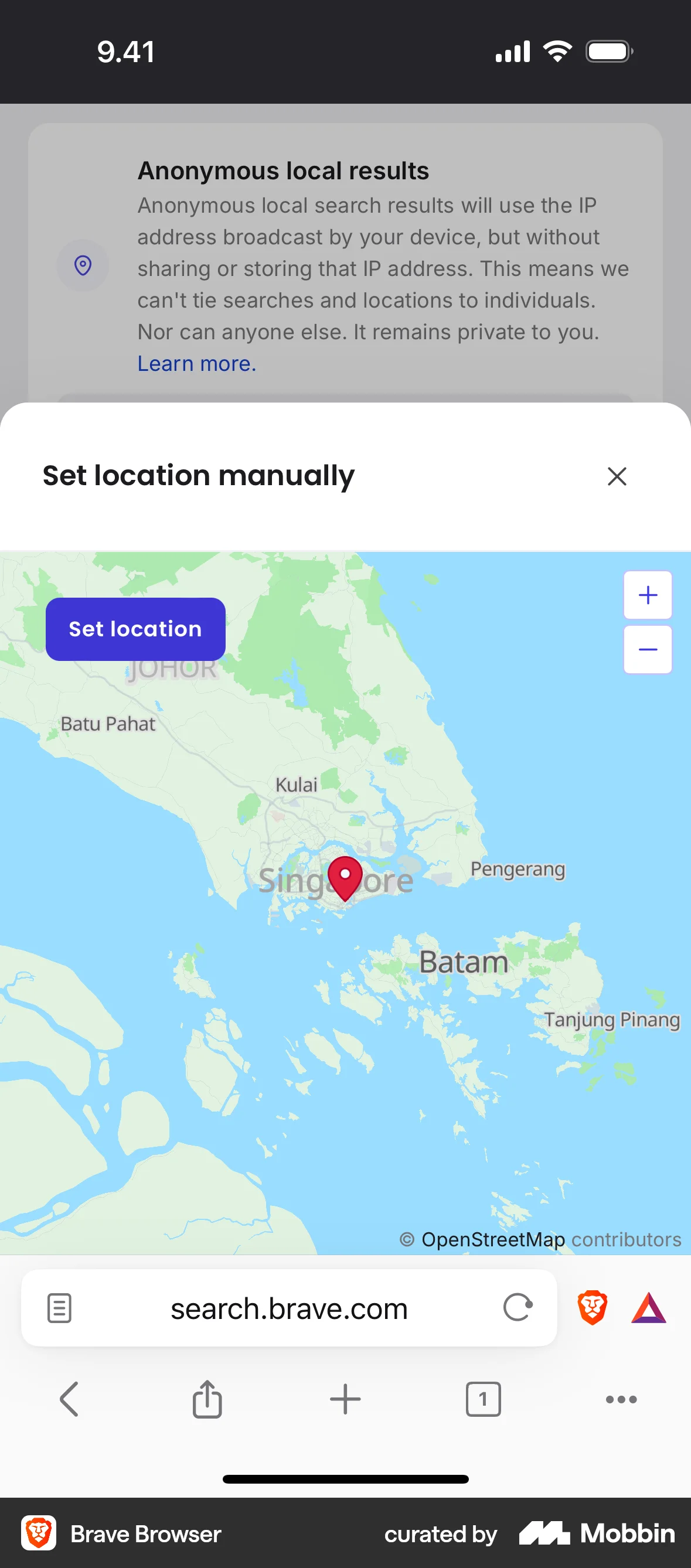 Brave Browser iOS screen containing Map Pin UI element