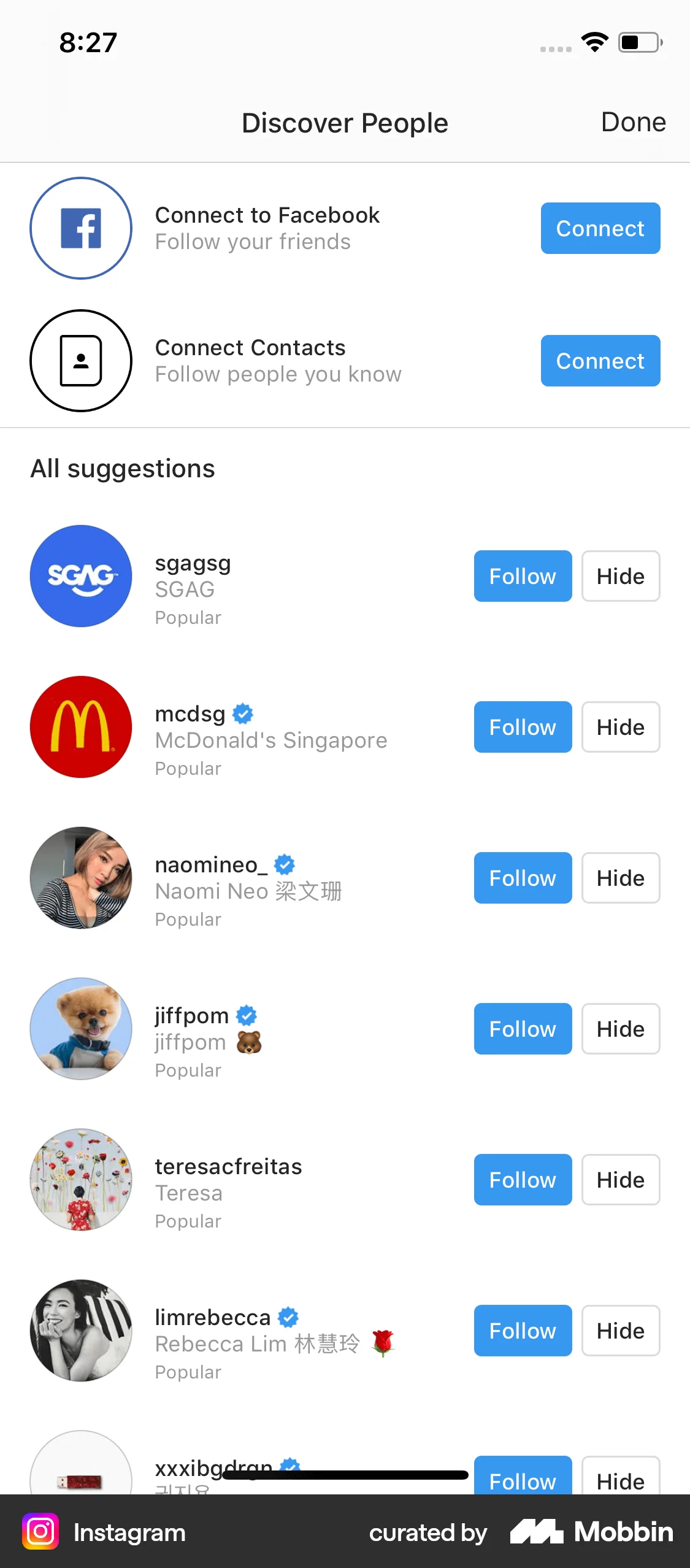 Instagram iOS Followers & Following screen