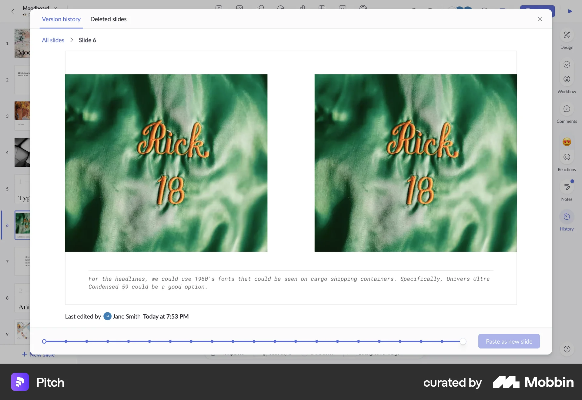 Pitch Web screen containing Slider UI element