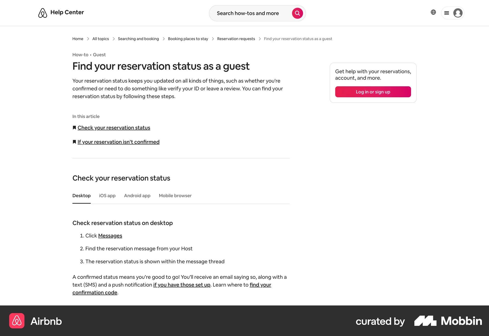 Airbnb Web screen containing Table of Contents UI element