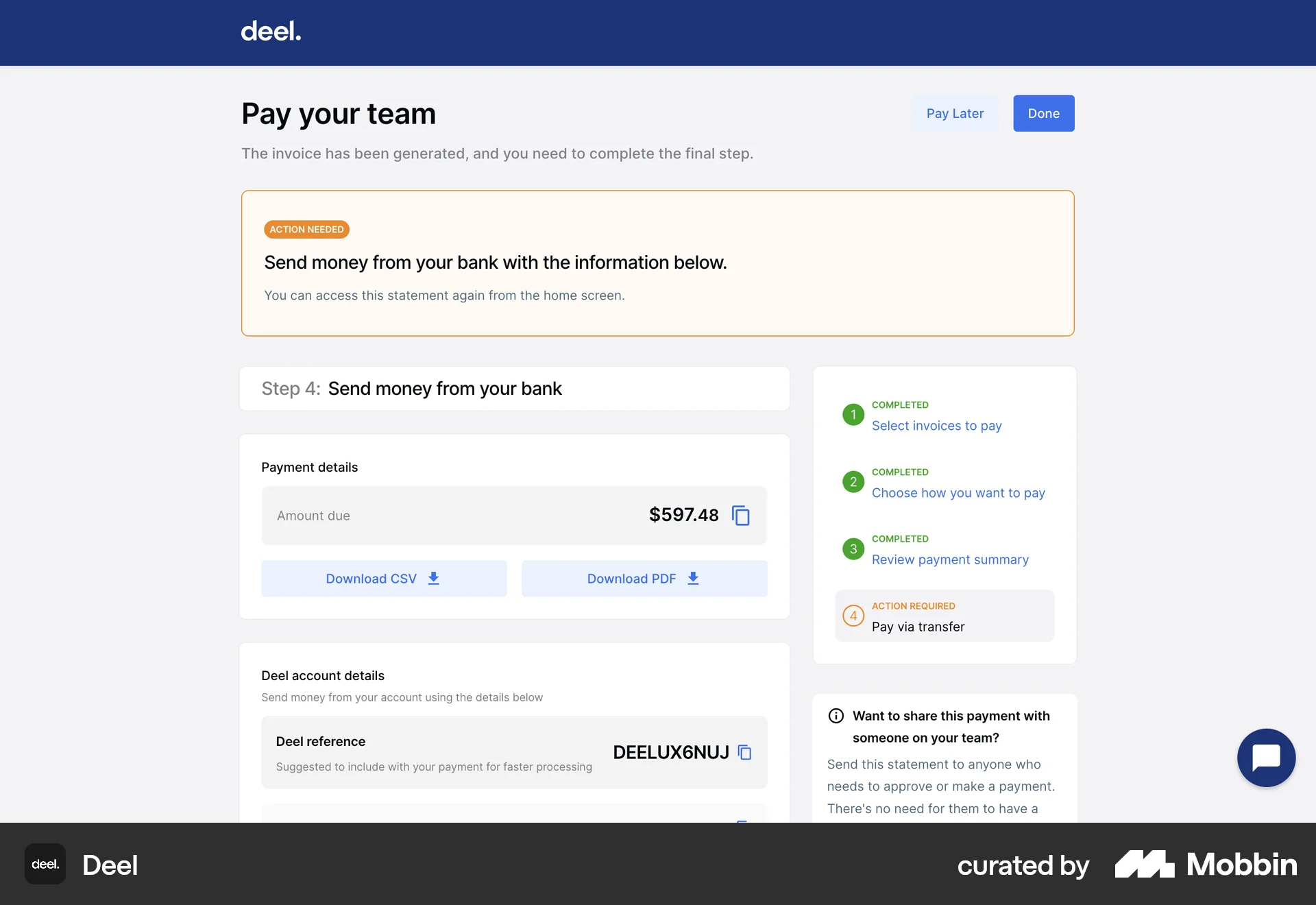 Deel Web Transfer & Send Money screen