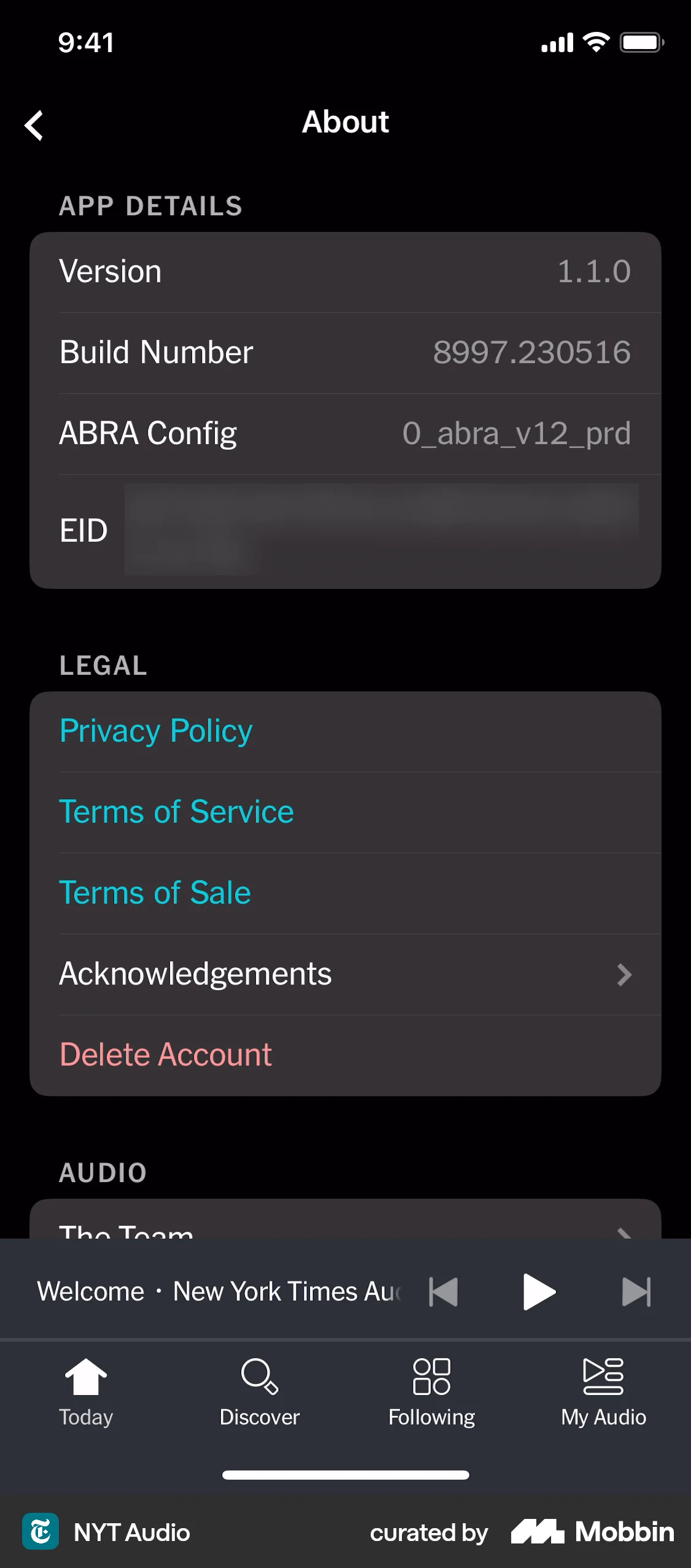 NYT Audio iOS About screen