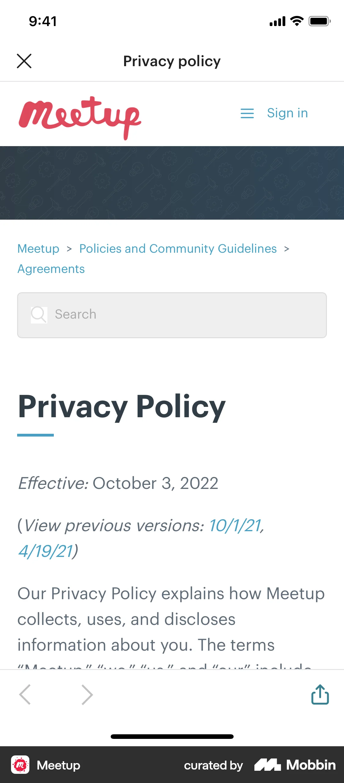 Meetup iOS Privacy Policy screen