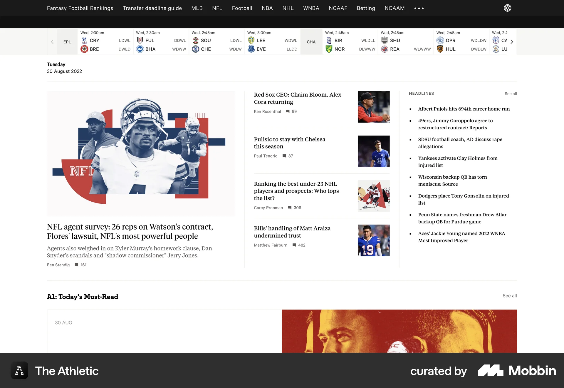 The Athletic Web News Feed screen