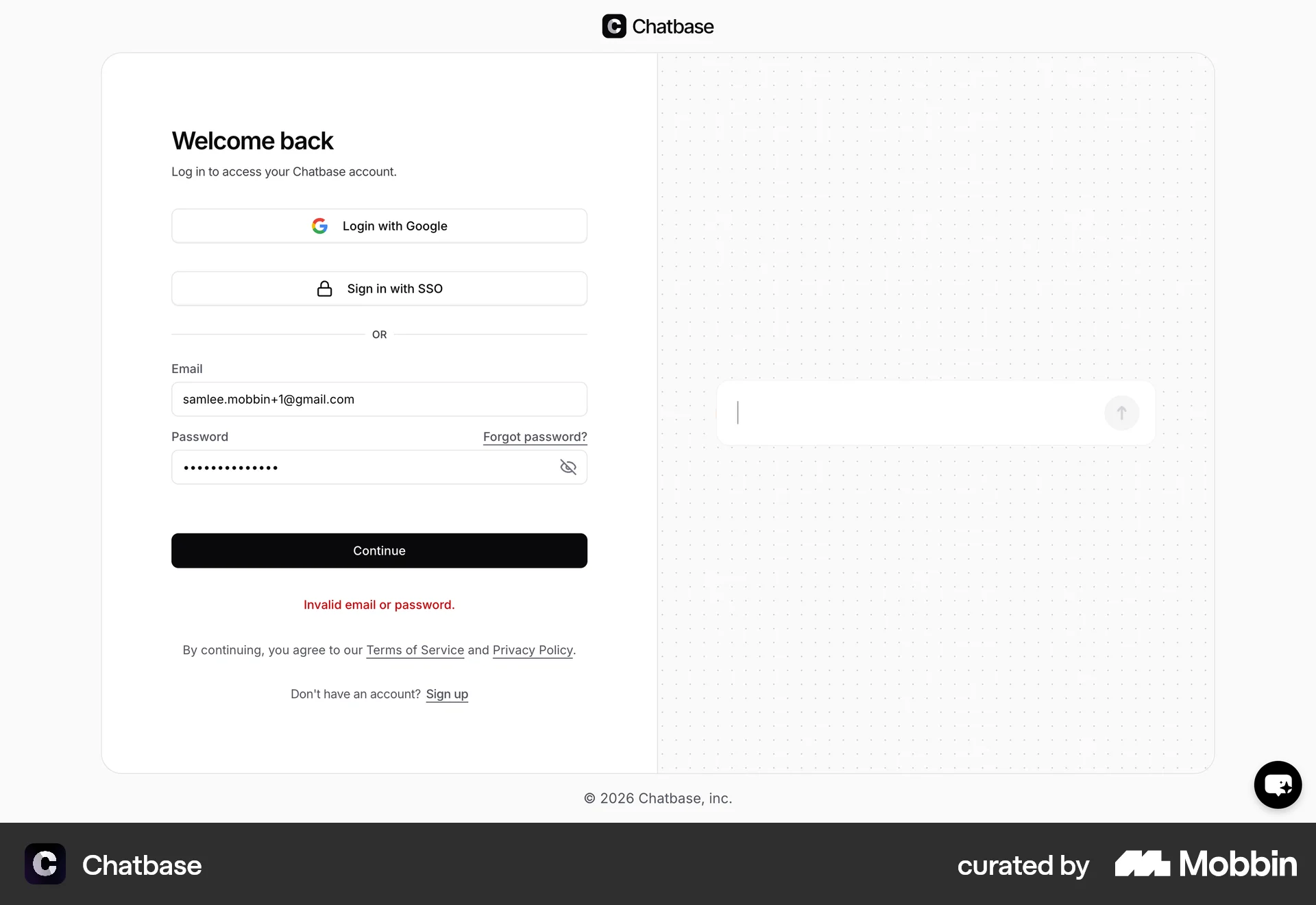 Chatbase Logging in screen