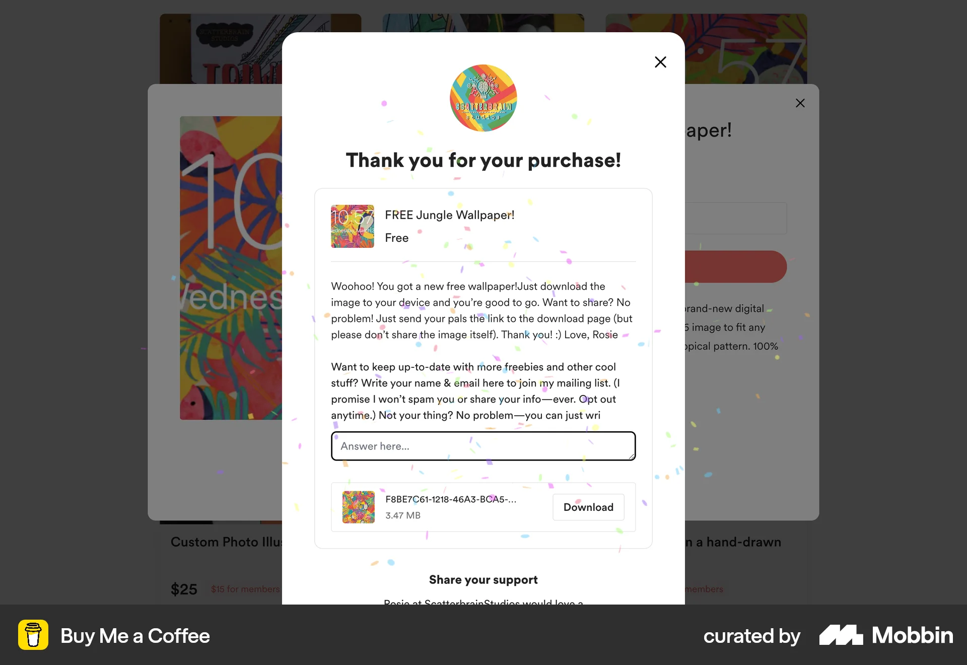 Buy Me a Coffee Web Order Confirmation screen