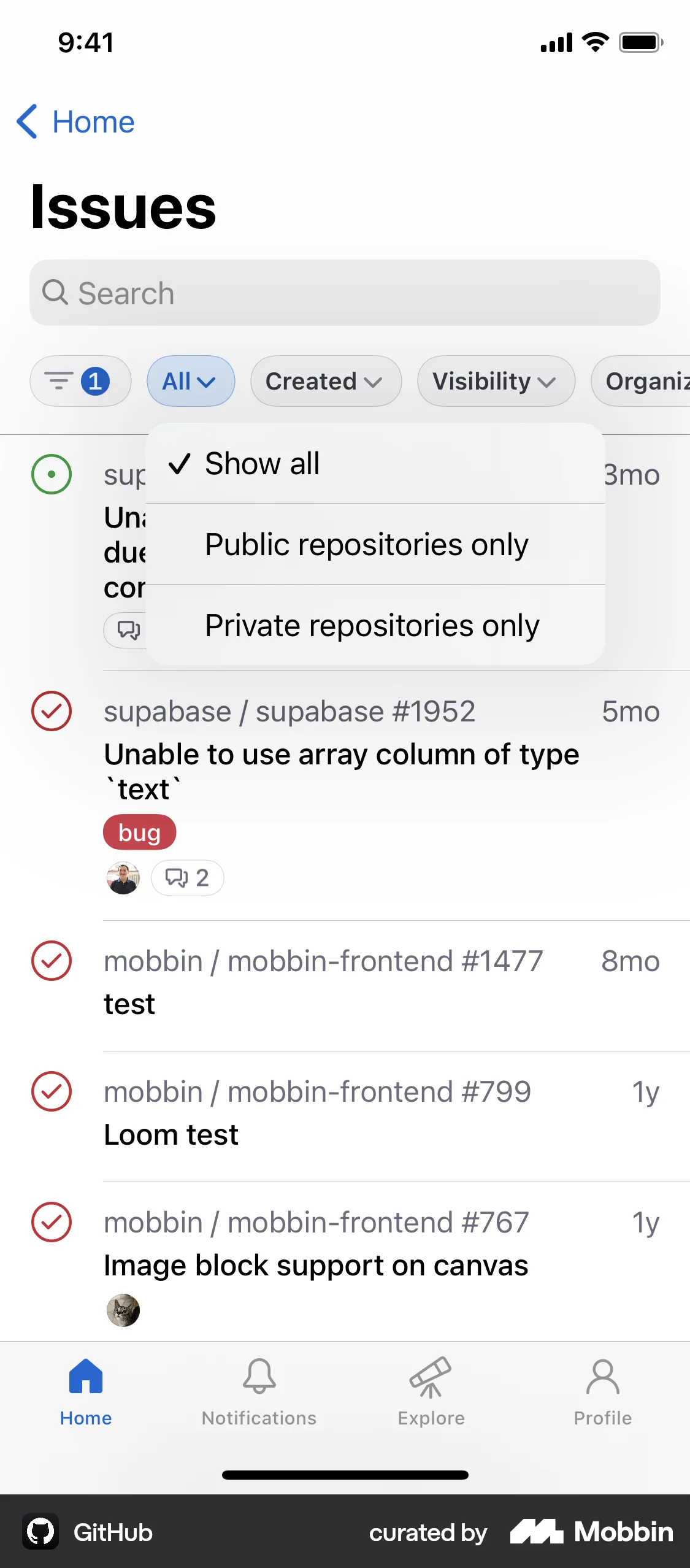 GitHub iOS screen containing Dropdown Menu UI element