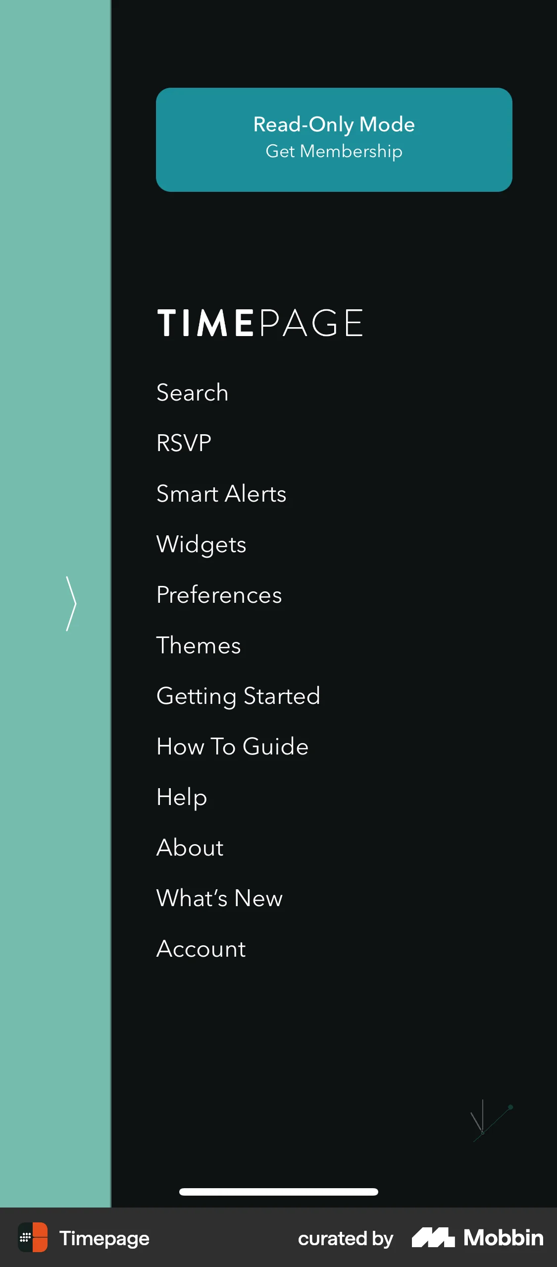 Timepage iOS screen containing Side Navigation UI element