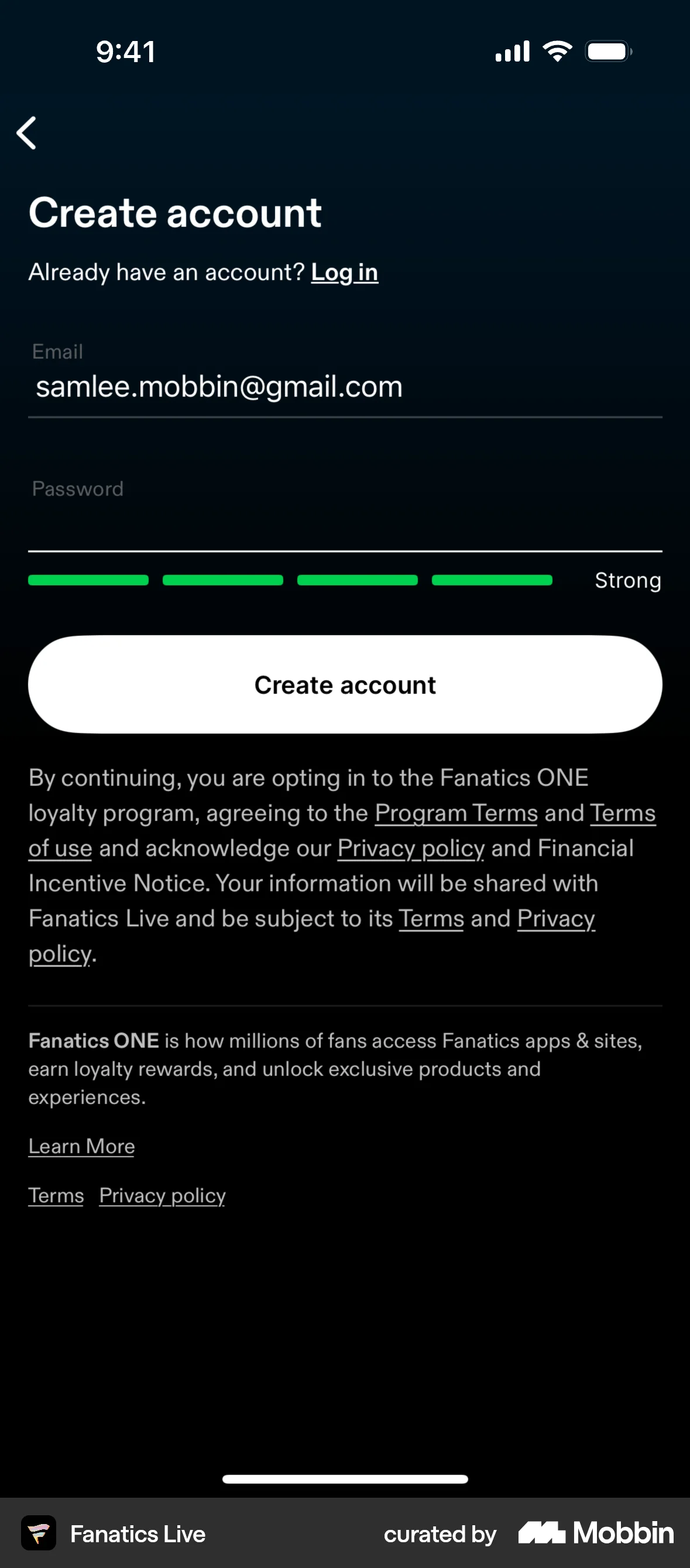 Fanatics Live iOS Signup screen