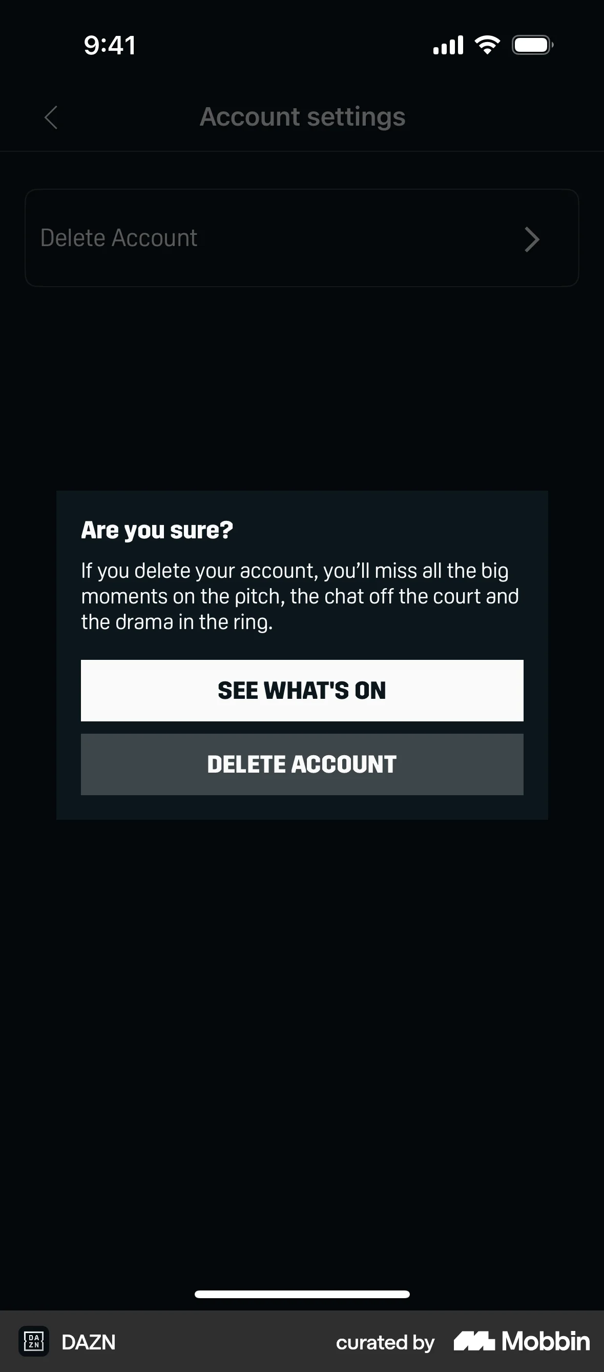 DAZN iOS screen containing Dialog UI element