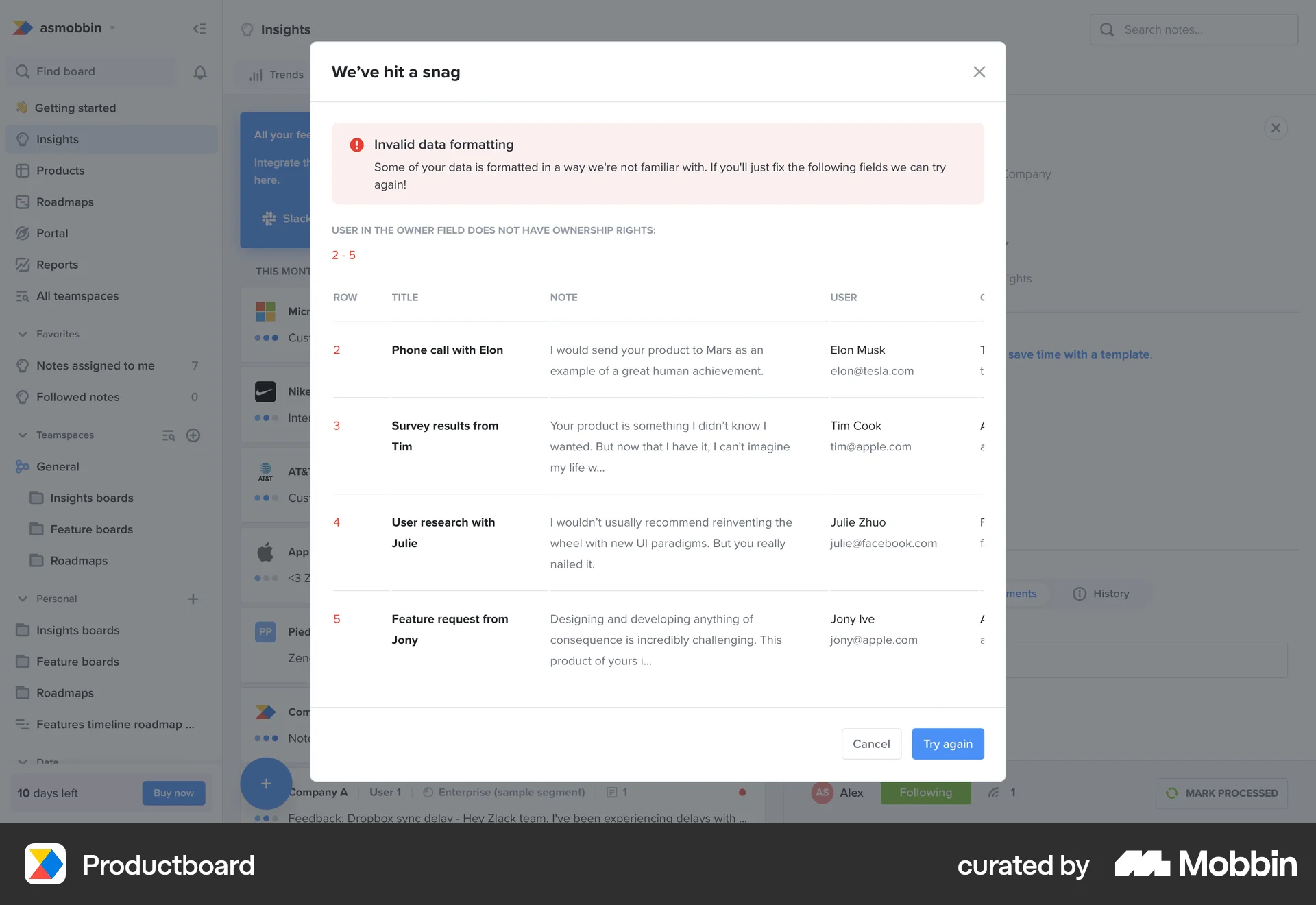 Productboard Web Error screen