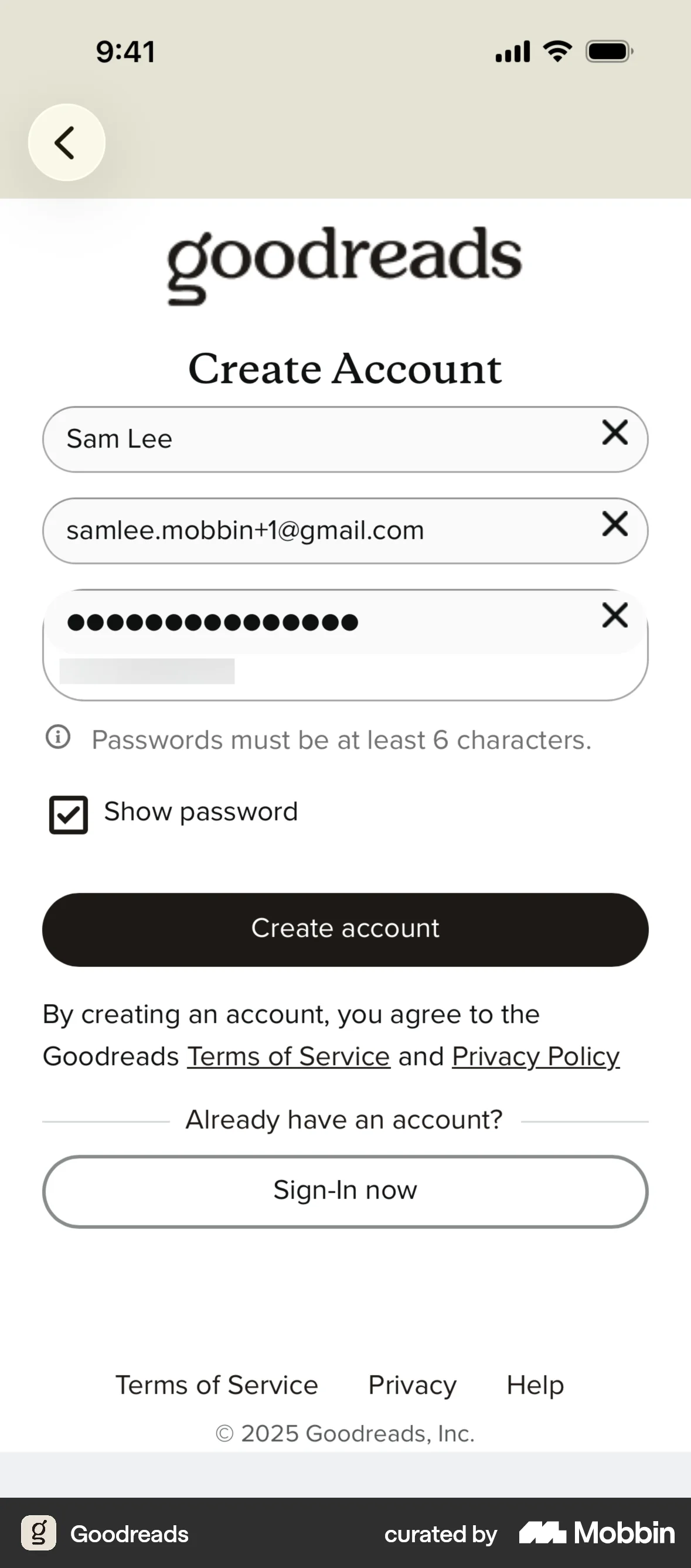 Goodreads iOS Signup screen