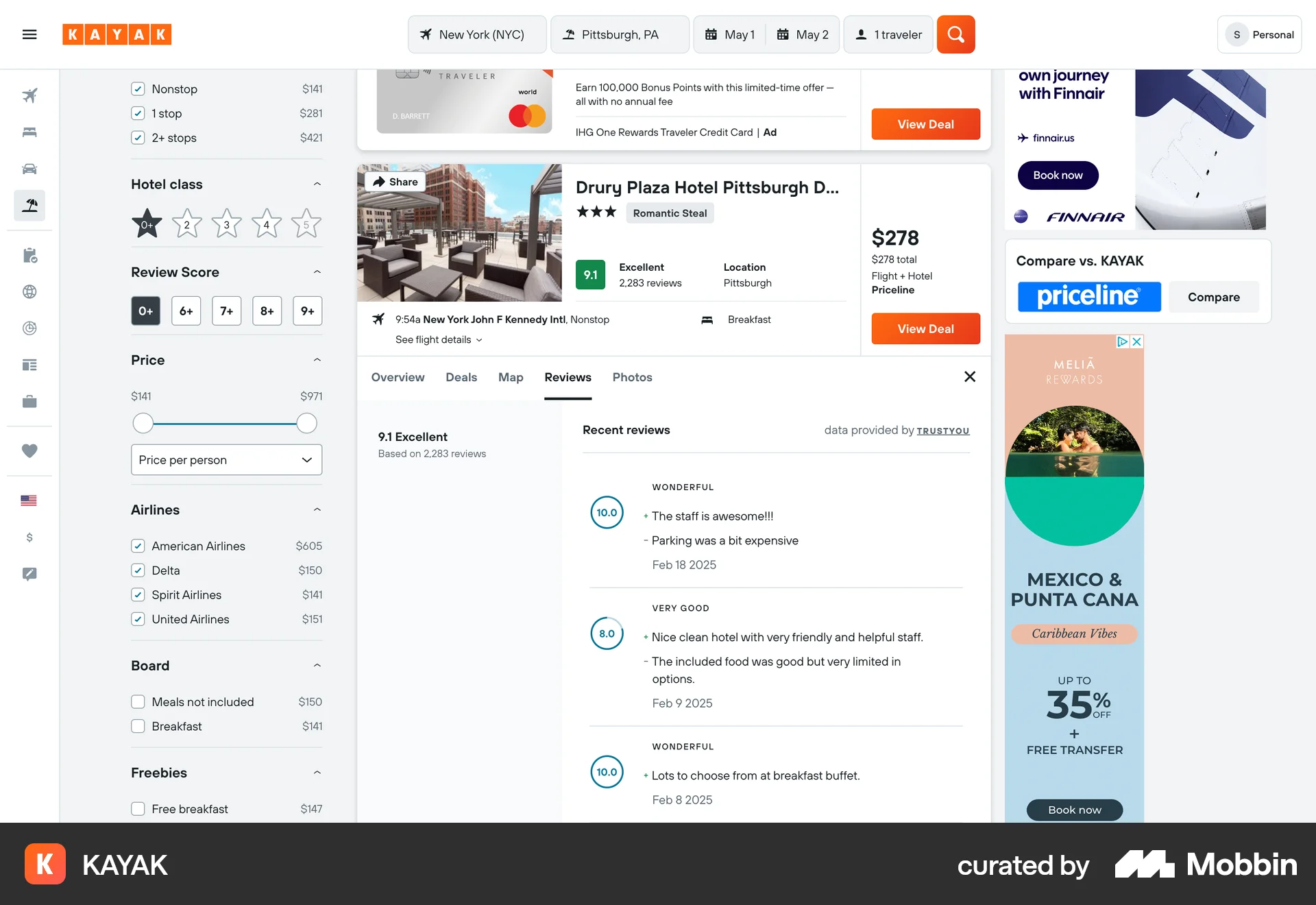 KAYAK Web Reviews & Ratings screen