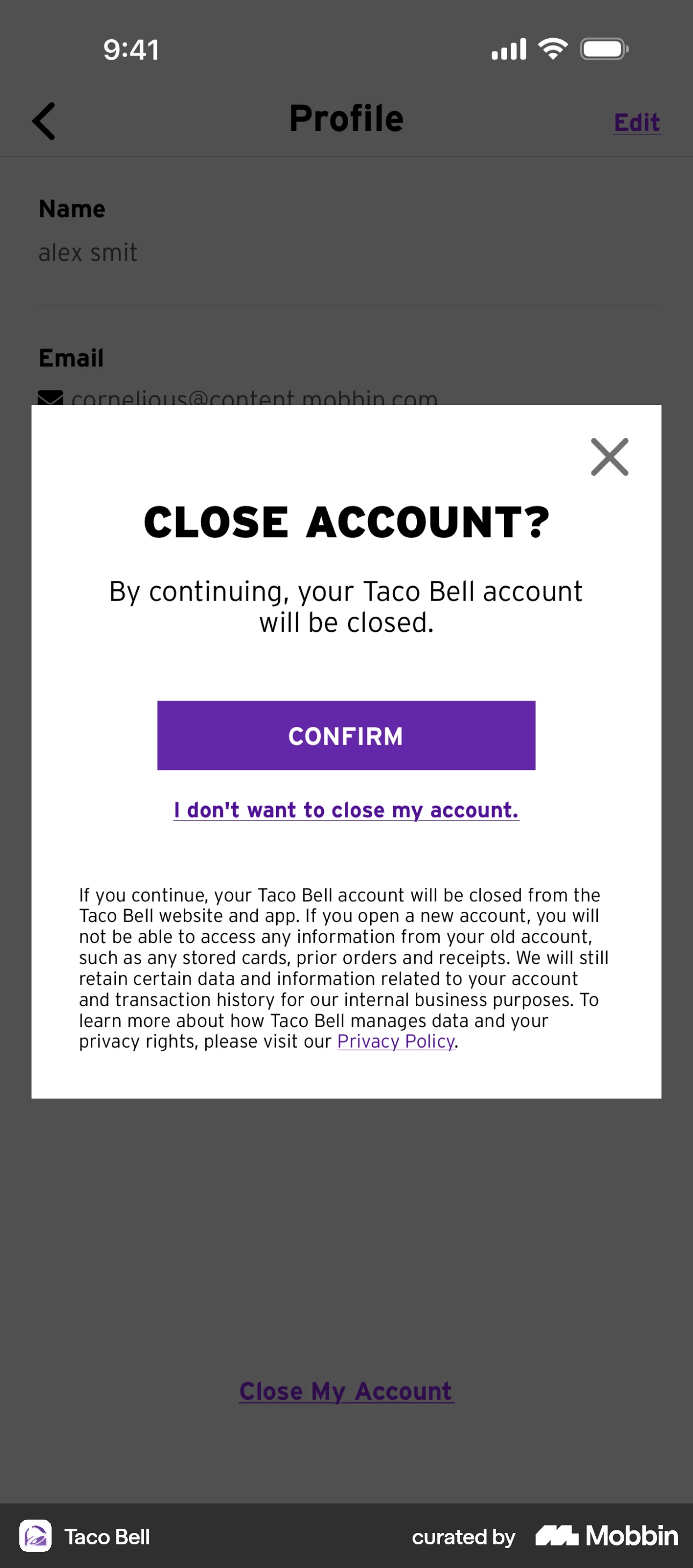 Taco Bell iOS Confirmation screen