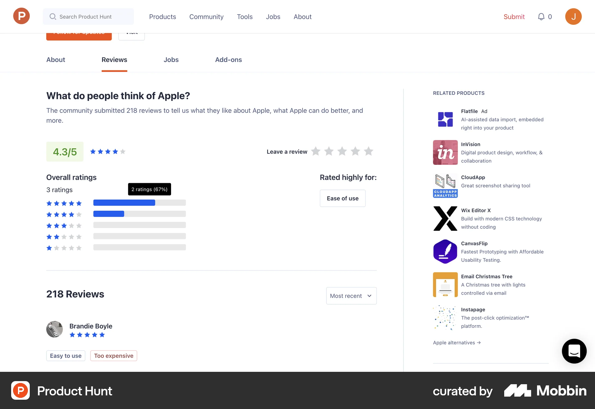 Product Hunt Web Reviews & Ratings screen