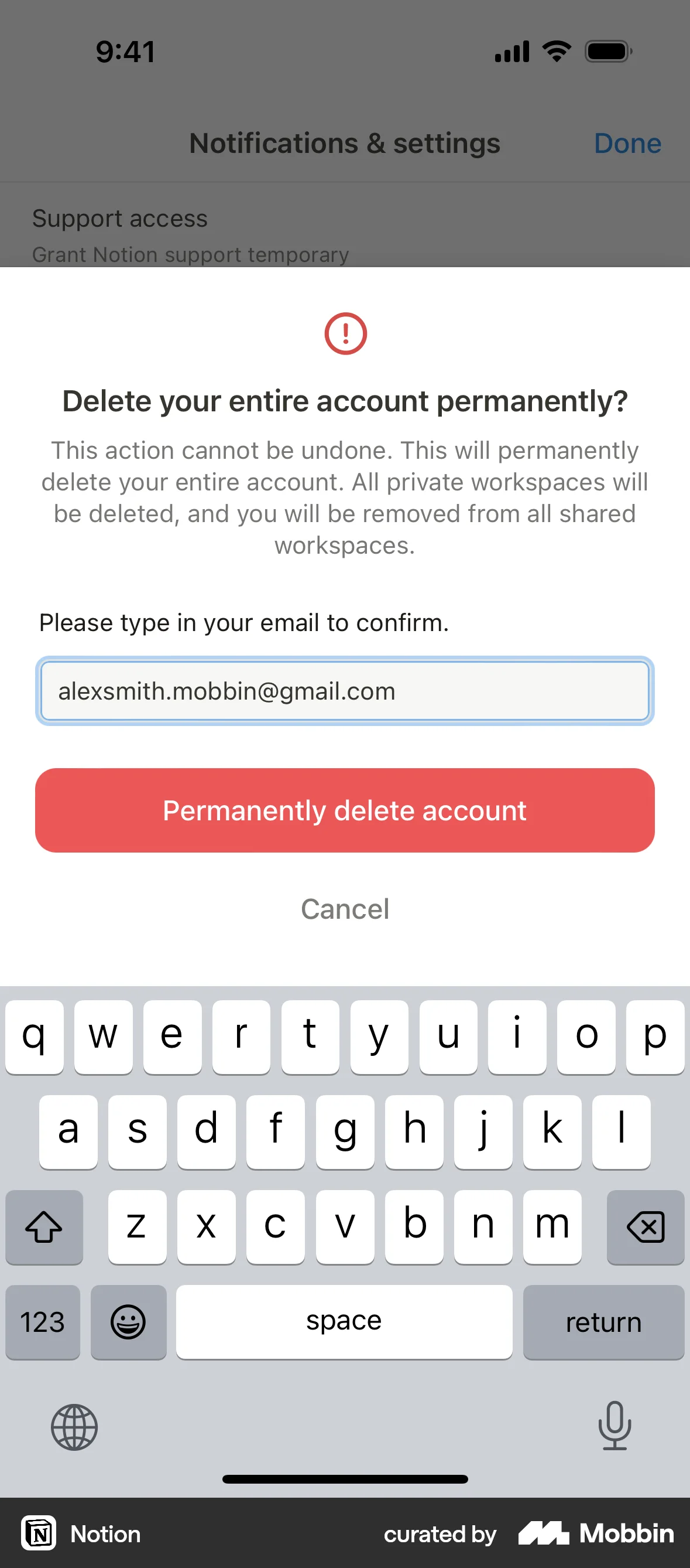 Notion iOS Delete & Deactivate Account screen