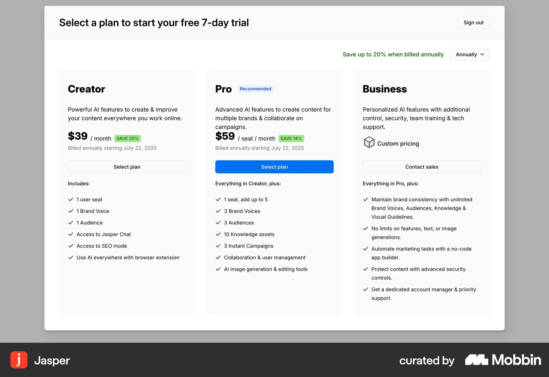 Jasper Web Pricing screen
