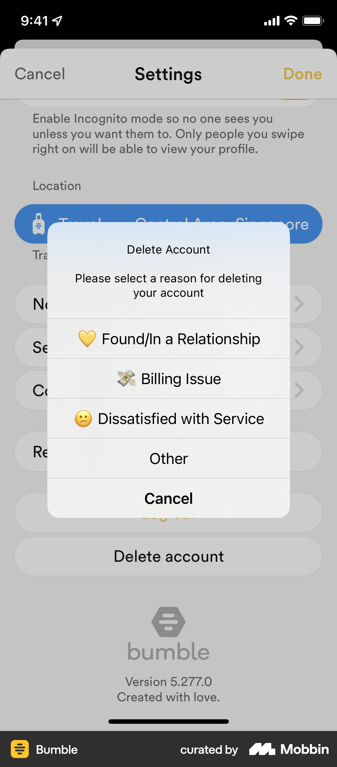 Bumble iOS Feedback screen