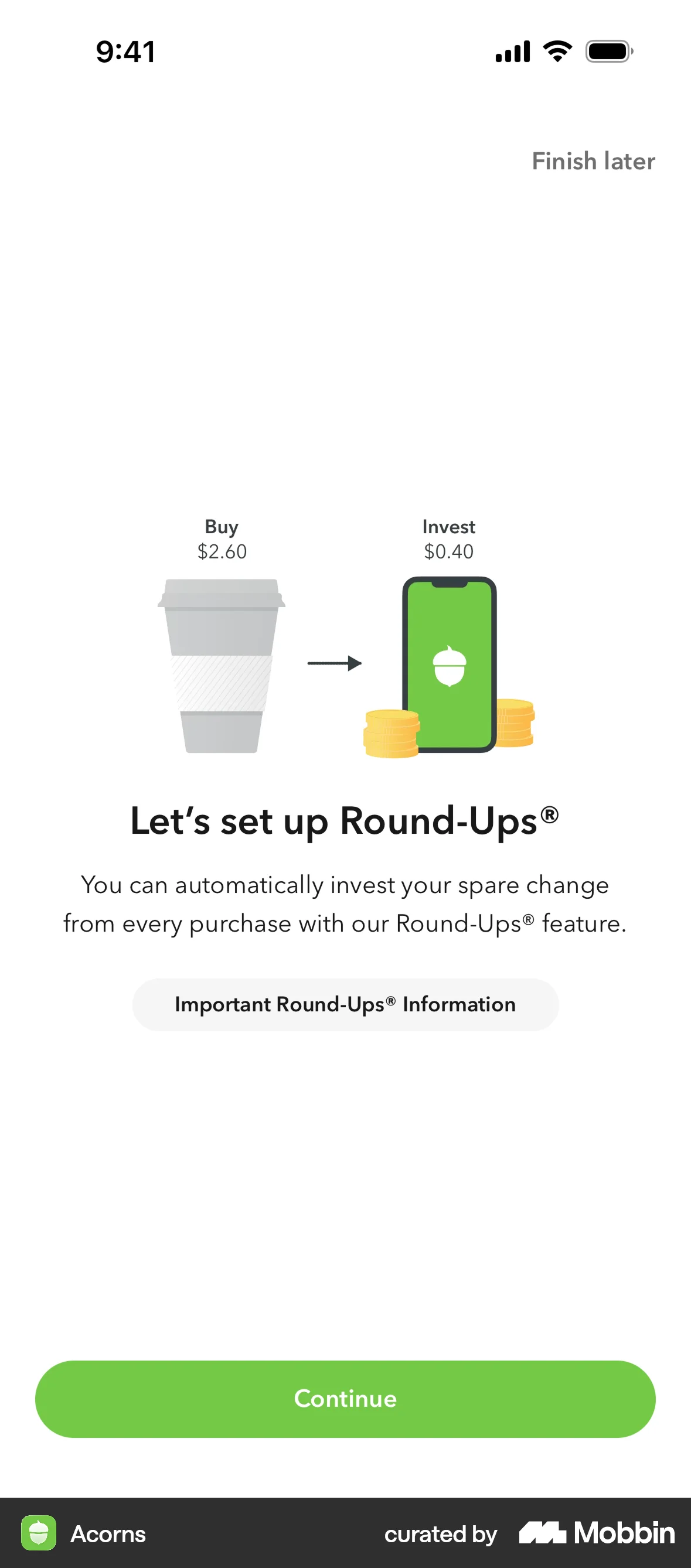 Acorns Onboarding screen
