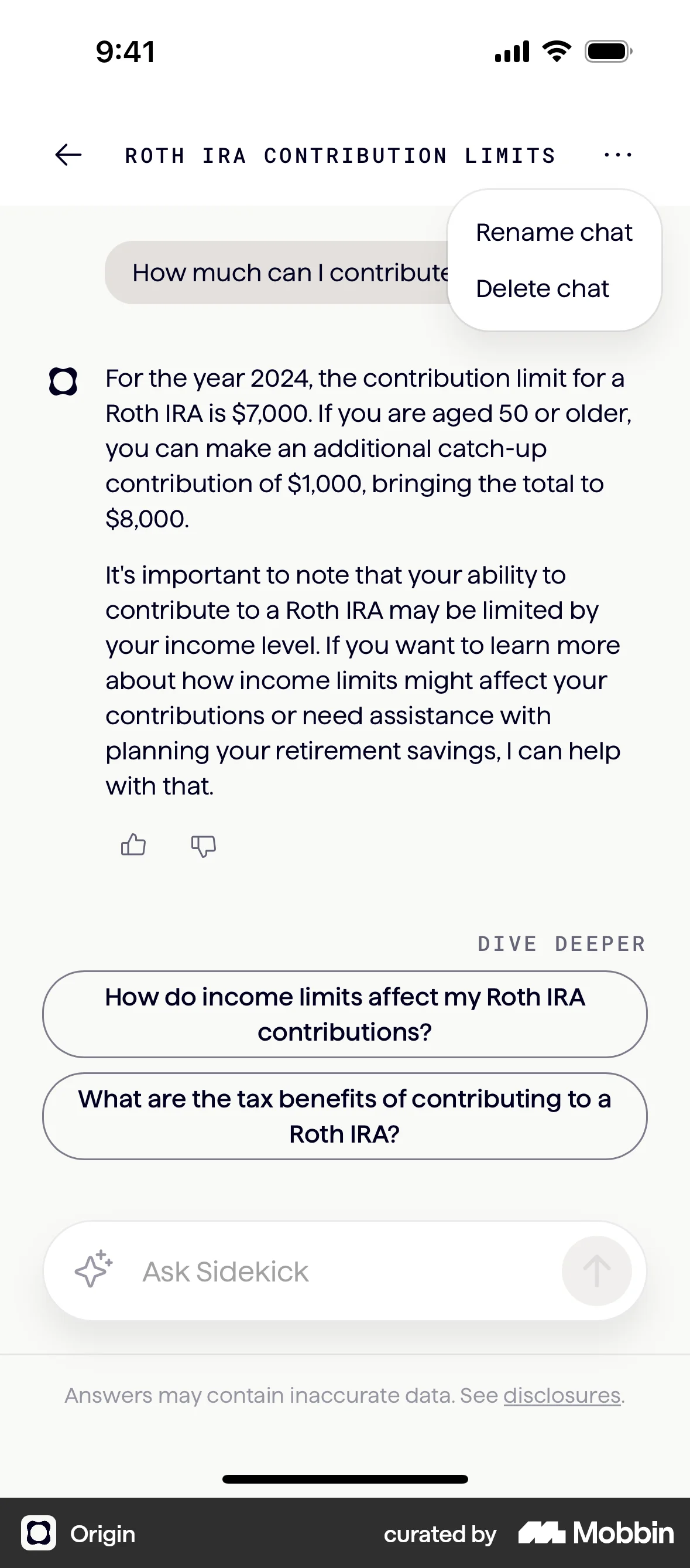 Origin iOS Action Option screen