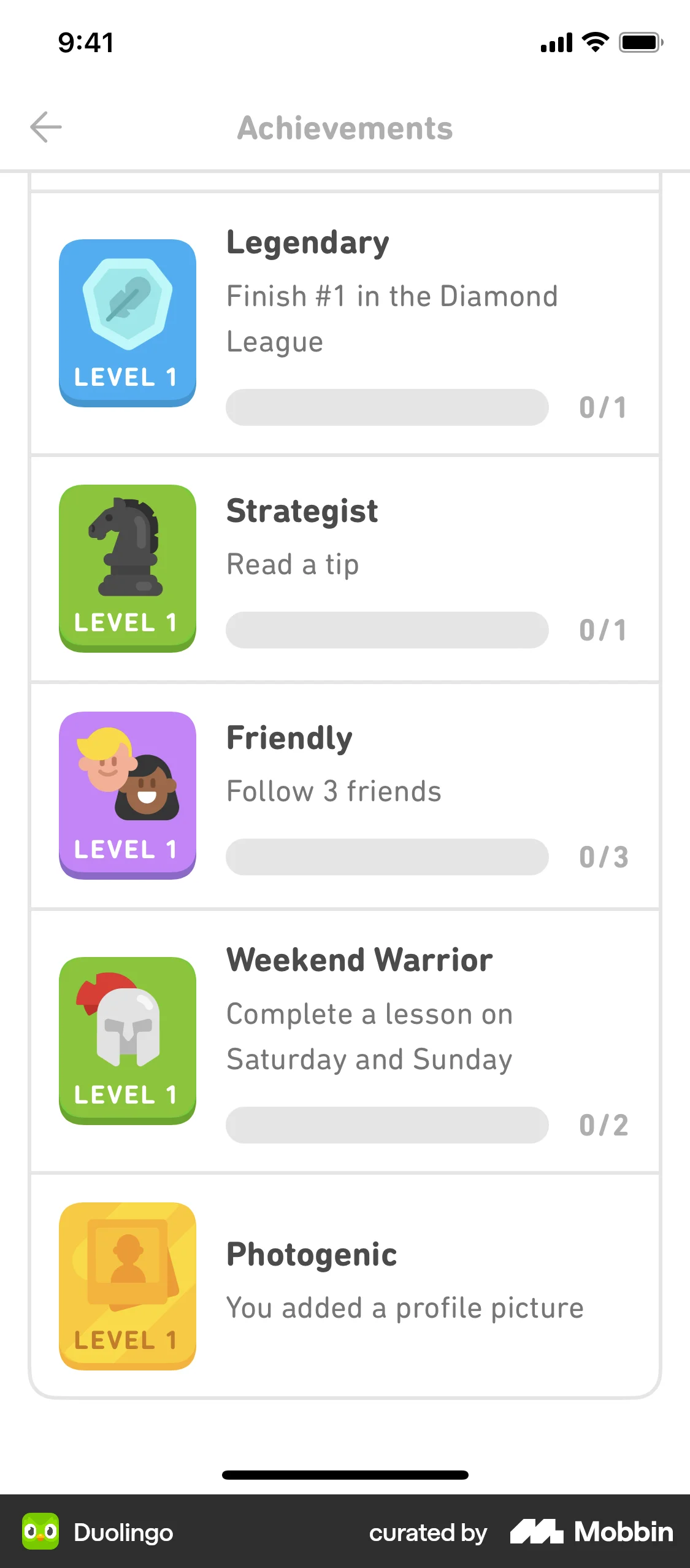 Duolingo iOS Achievements & Awards screen