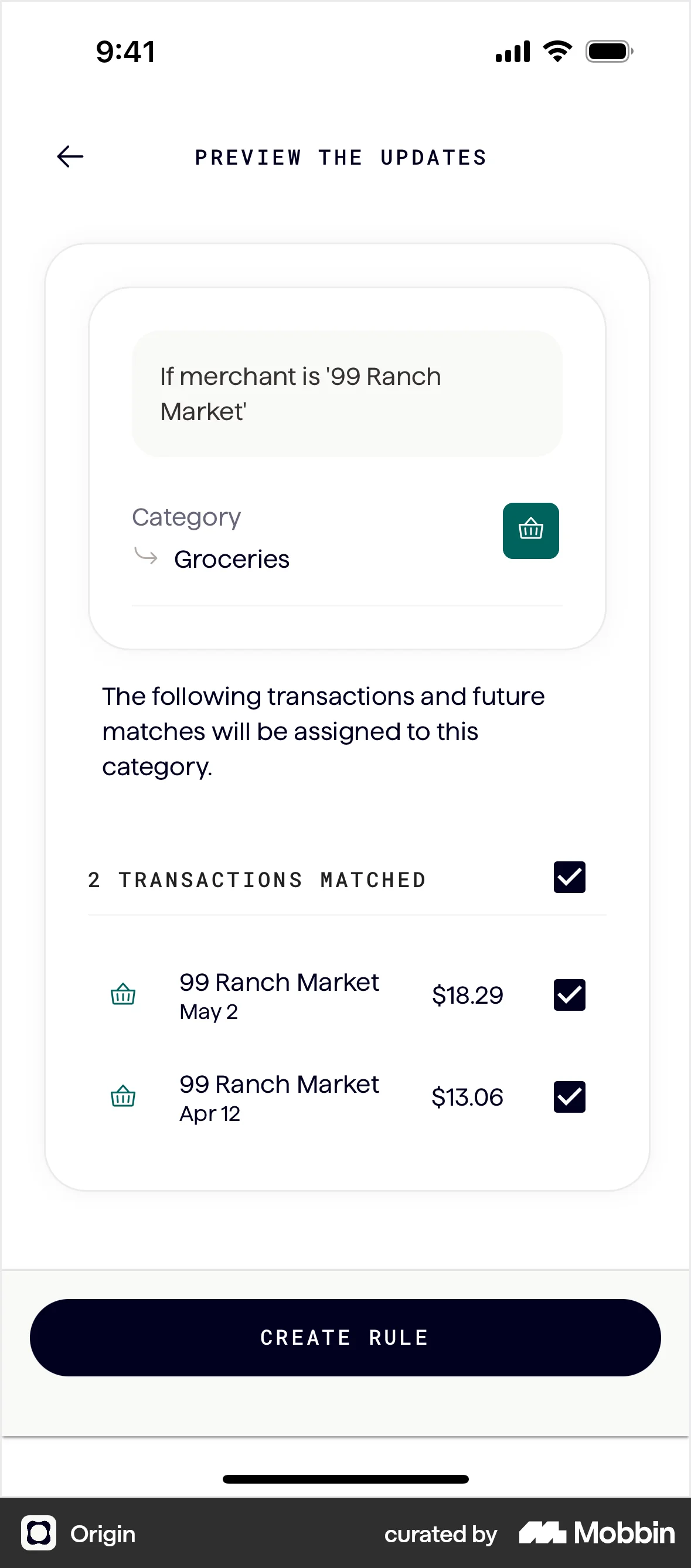 Origin iOS Confirmation screen